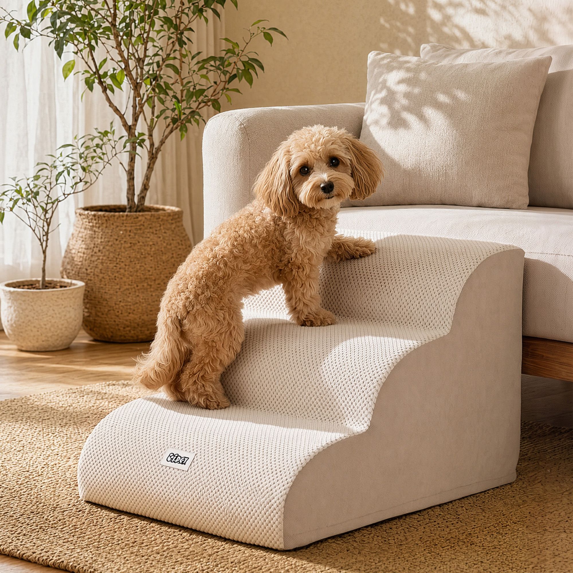 i.Pet Dog Ramp Washable Cover Stairs for Bed Sofa Foam Step Ladder 3 Tier Beige - Image 1