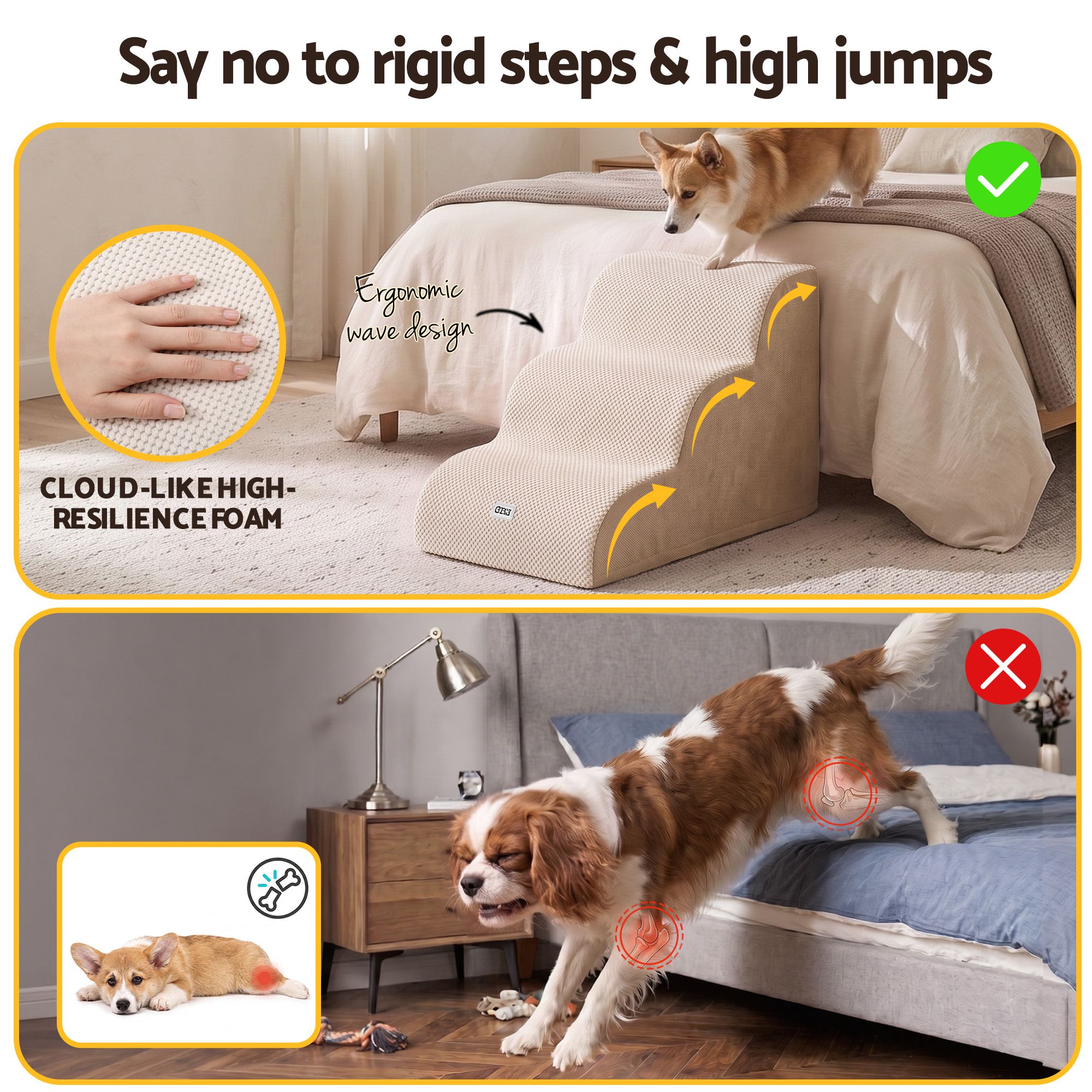 i.Pet Dog Ramp Washable Cover Stairs for Bed Sofa Foam Step Ladder 3 Tier Beige - Image 5