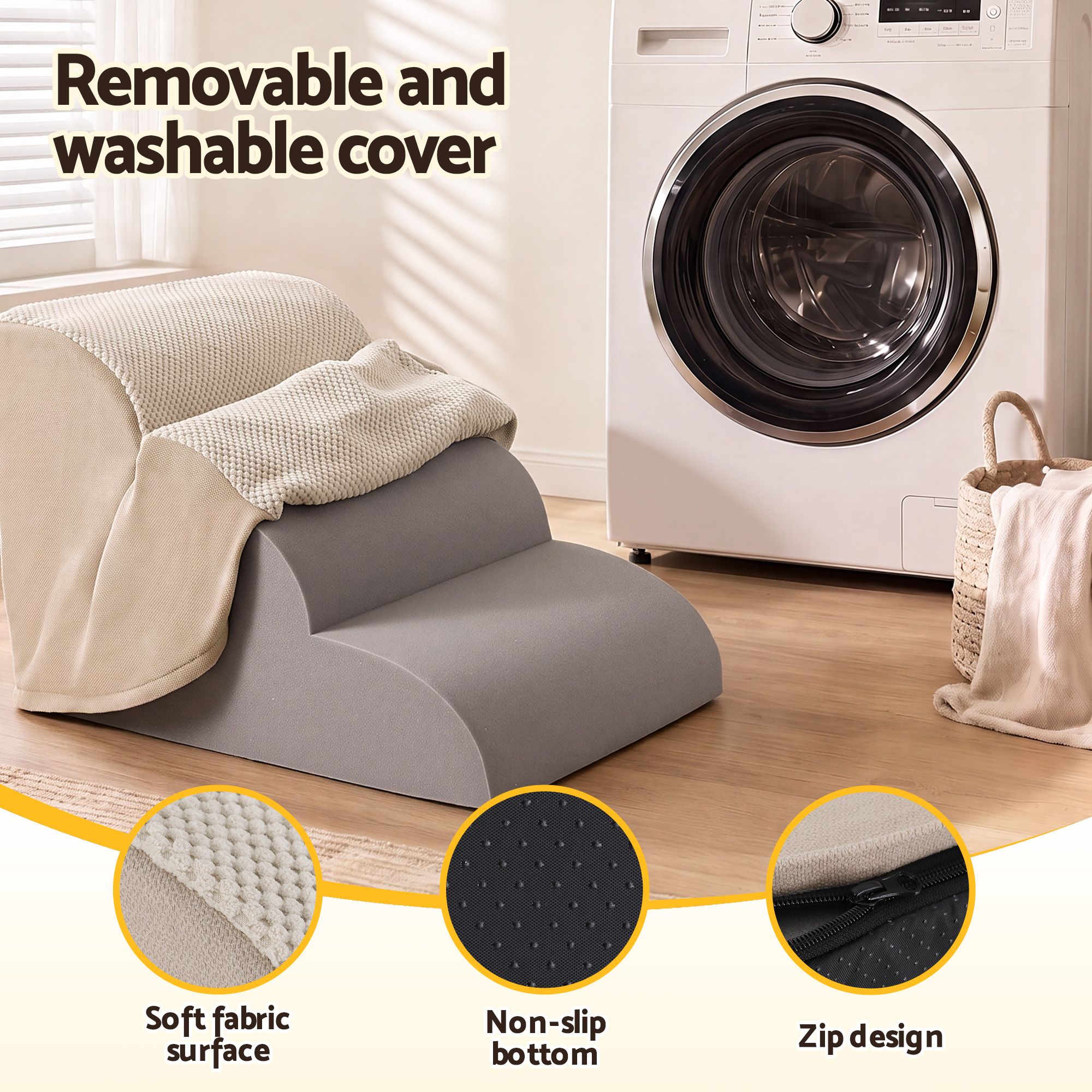 i.Pet Dog Ramp Washable Cover Stairs for Bed Sofa Foam Step Ladder 3 Tier Beige - Image 6
