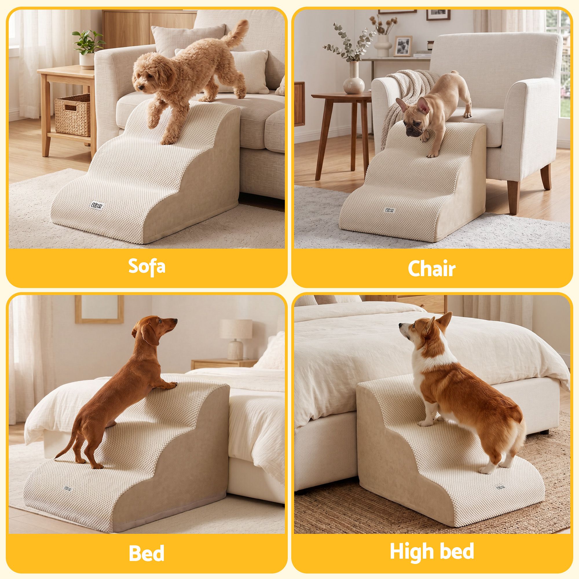i.Pet Dog Ramp Washable Cover Stairs for Bed Sofa Foam Step Ladder 3 Tier Beige - Image 7