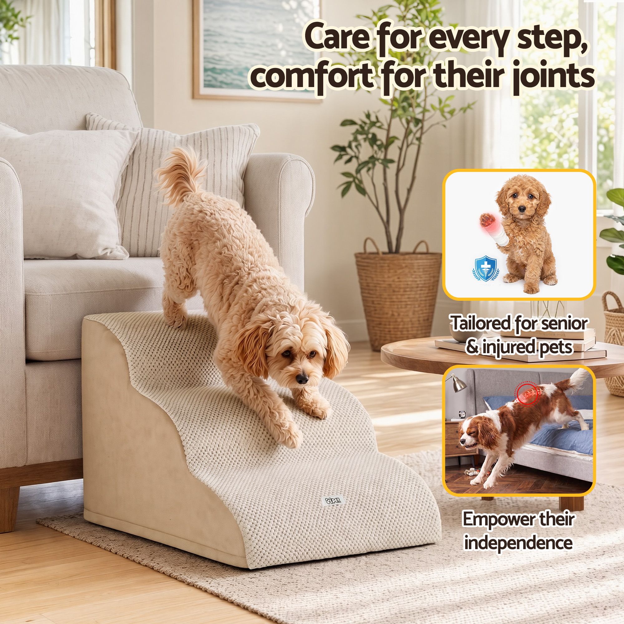 i.Pet Dog Ramp Washable Cover Stairs for Bed Sofa Foam Step Ladder 3 Tier Beige - Image 8
