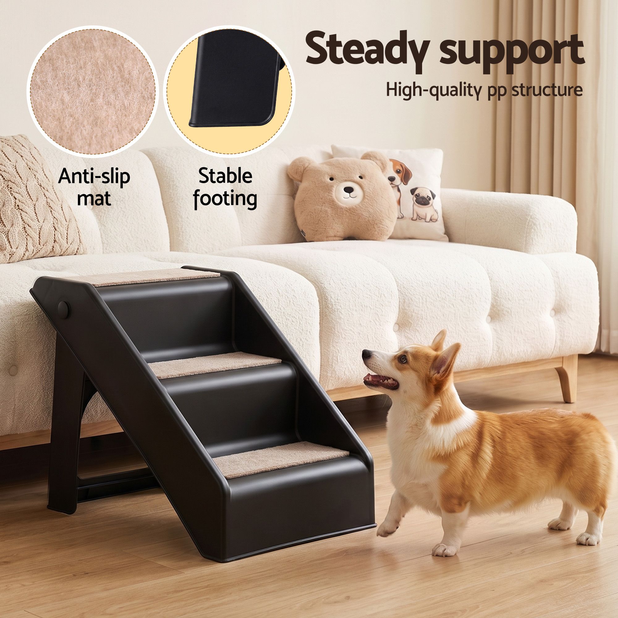 i.Pet Dog Ramp 3 Steps Pet Stairs For Bed Sofa Car Foldable Portable Ladder Black - Image 5