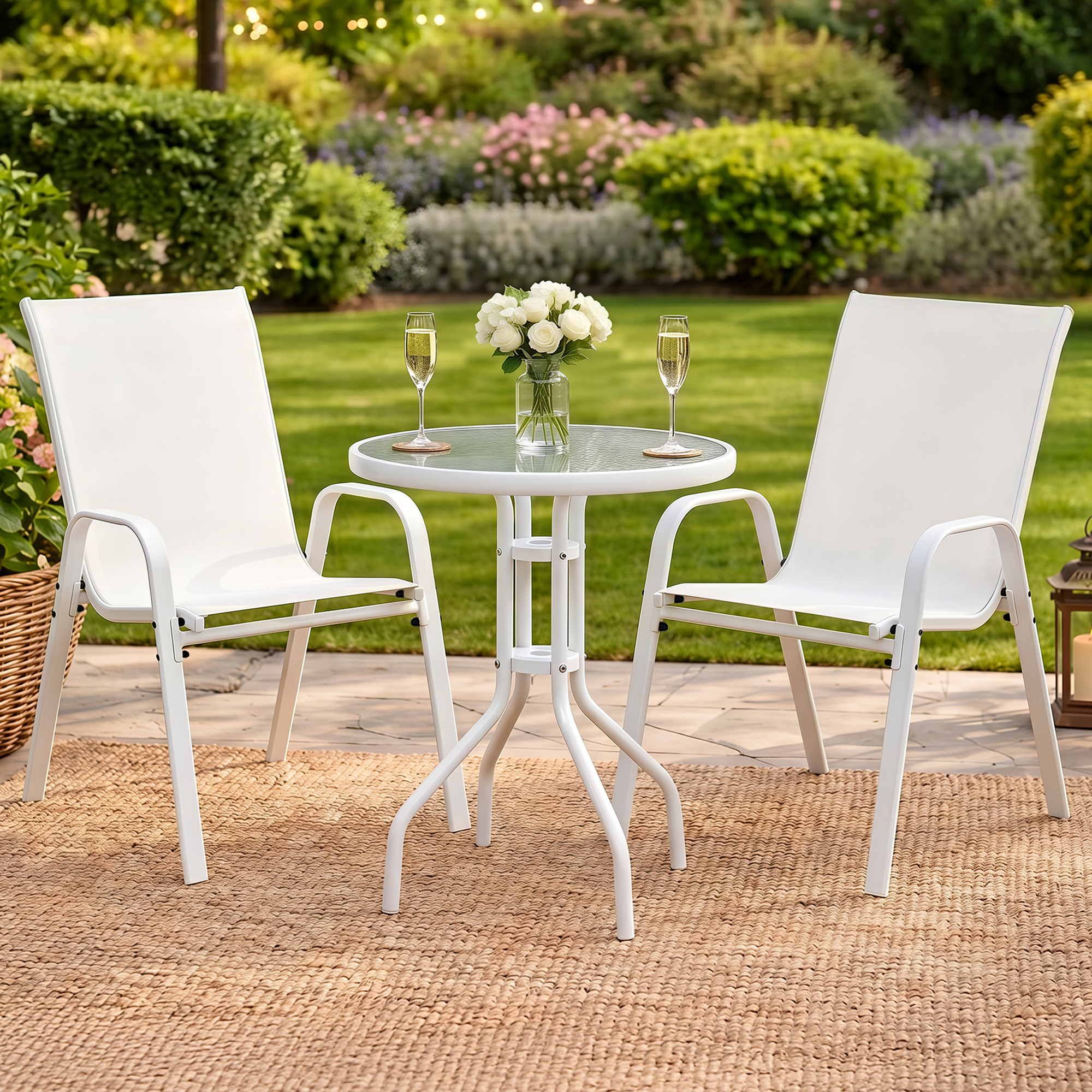 Gardeon 3PC Outdoor Bistro Set Table and Chairs Stackable Patio Furniture White - Image 1