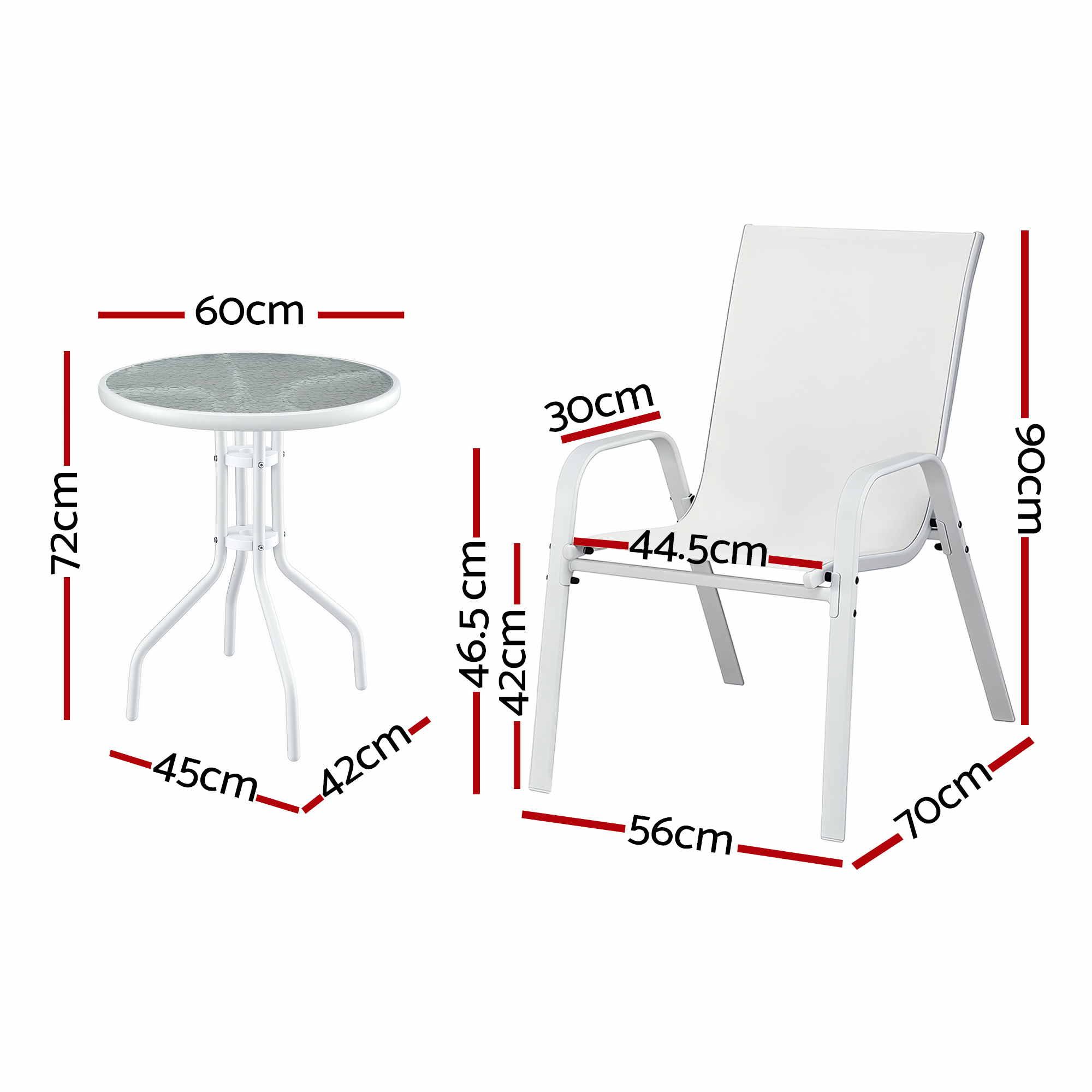 Gardeon 3PC Outdoor Bistro Set Table and Chairs Stackable Patio Furniture White - Image 2