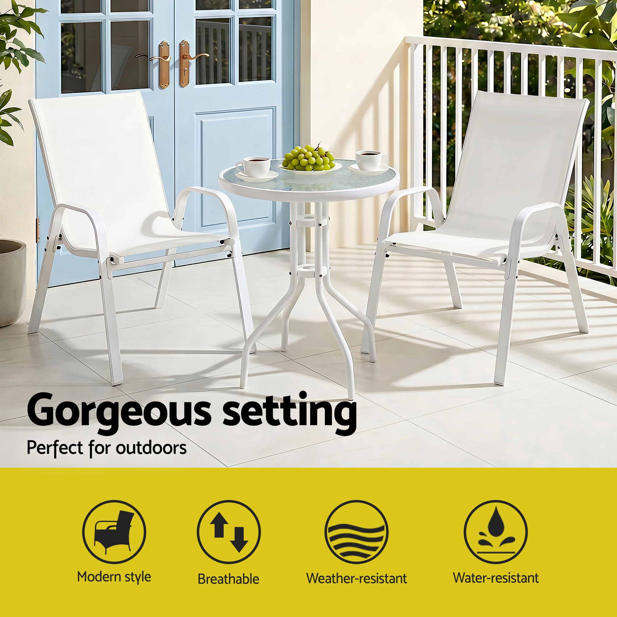Gardeon 3PC Outdoor Bistro Set Table and Chairs Stackable Patio Furniture White - Image 4