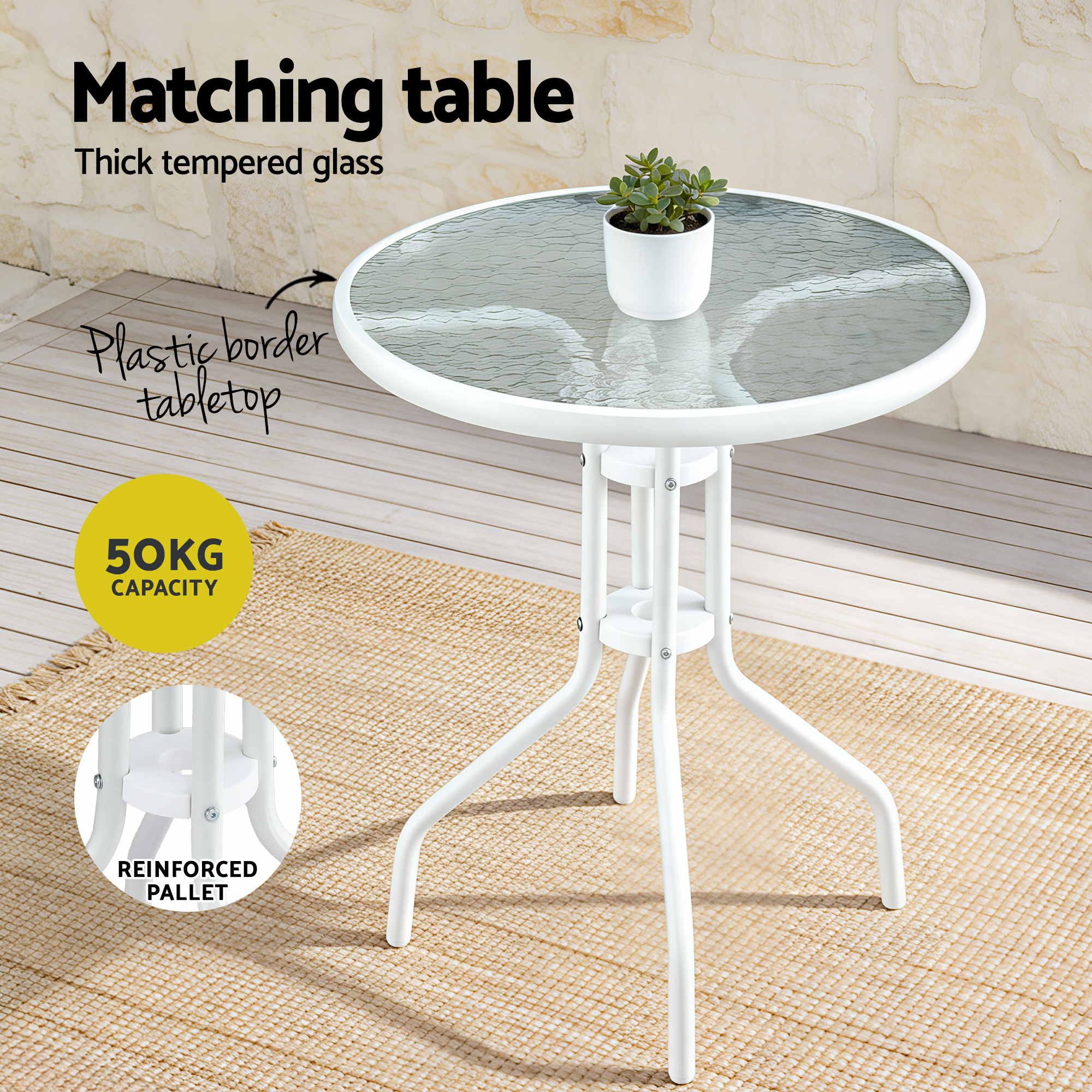 Gardeon 3PC Outdoor Bistro Set Table and Chairs Stackable Patio Furniture White - Image 6