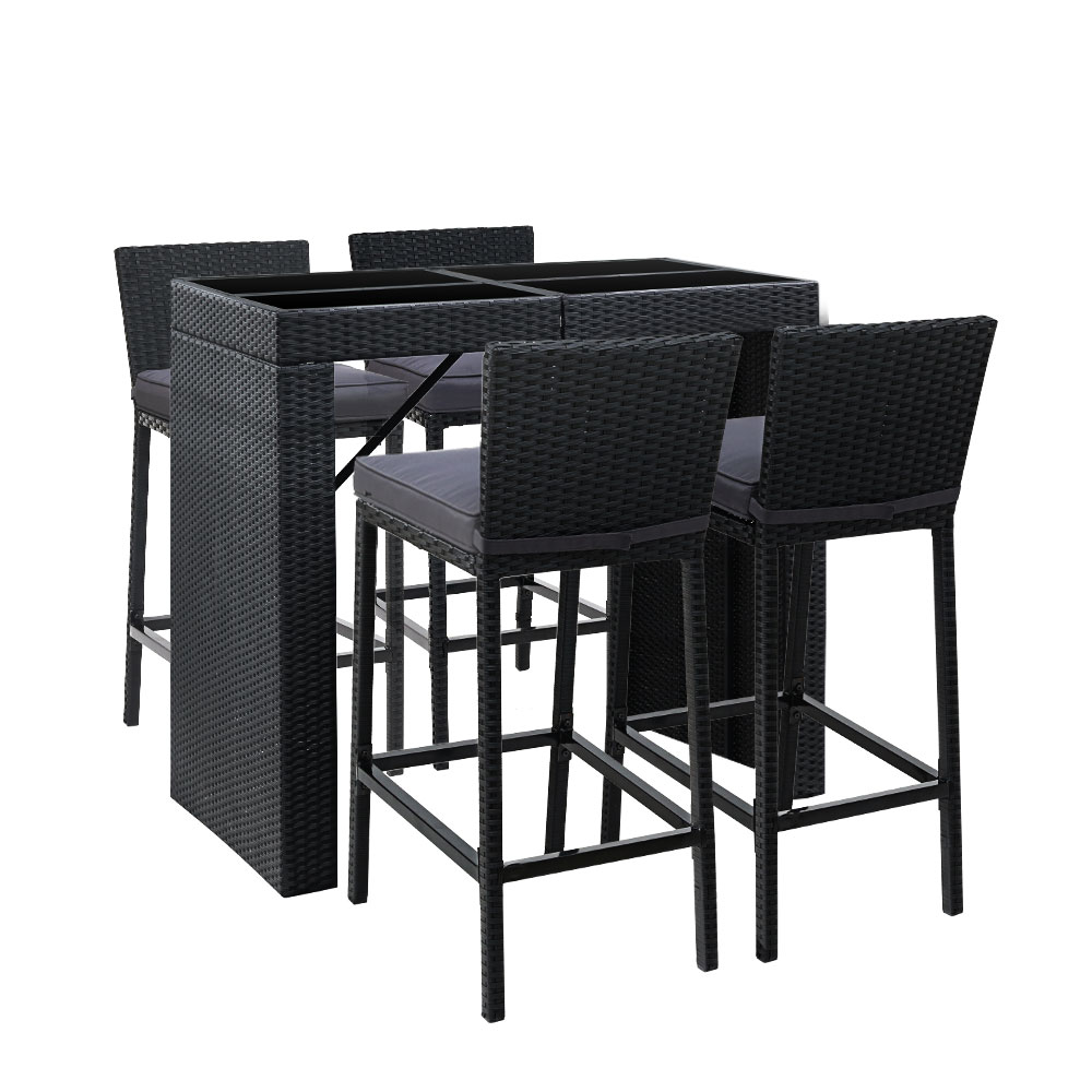 Gardeon 5-Piece Outdoor Bar Set Dining Table Stools Wicker Patio Setting - Image 1