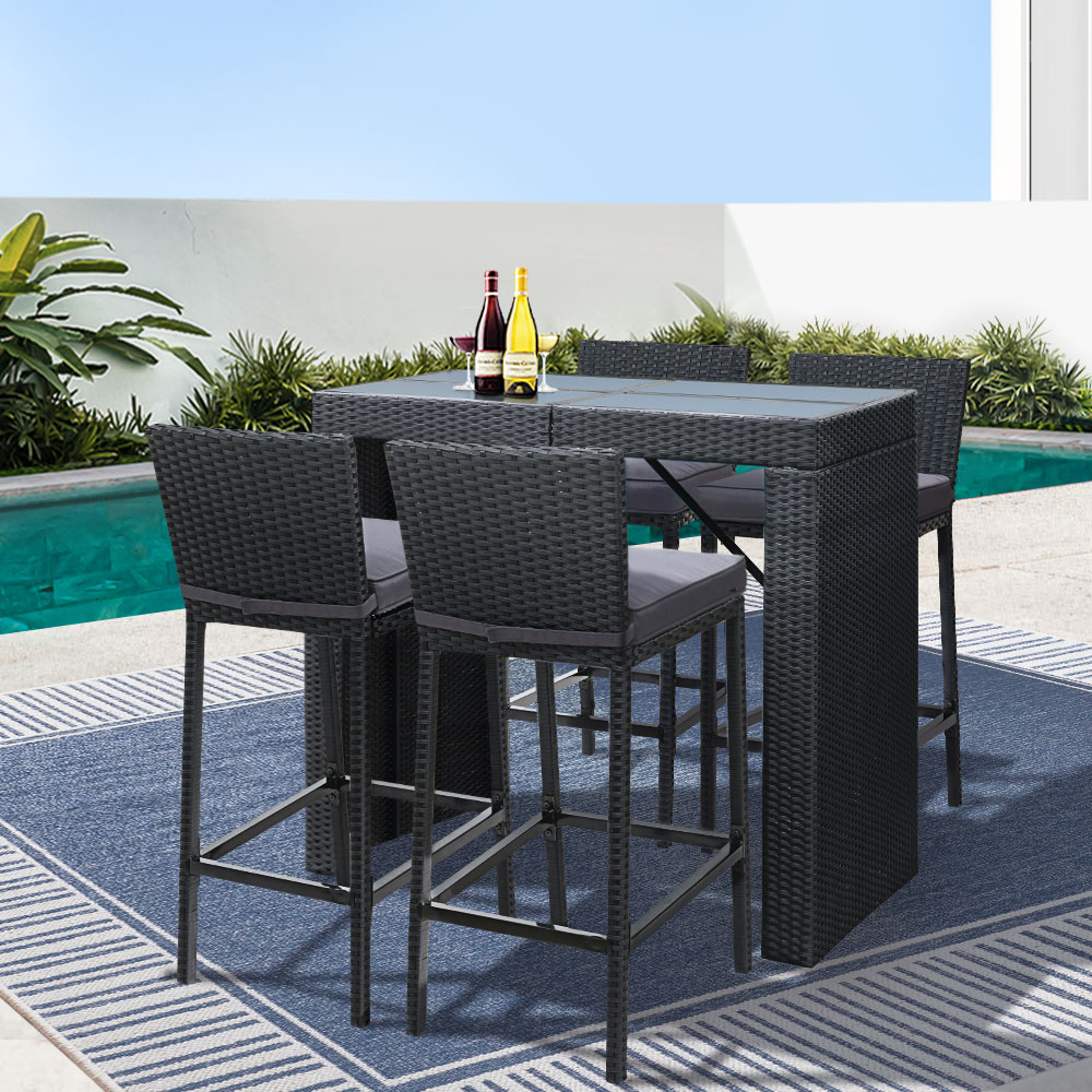 Gardeon 5-Piece Outdoor Bar Set Dining Table Stools Wicker Patio Setting - Image 8