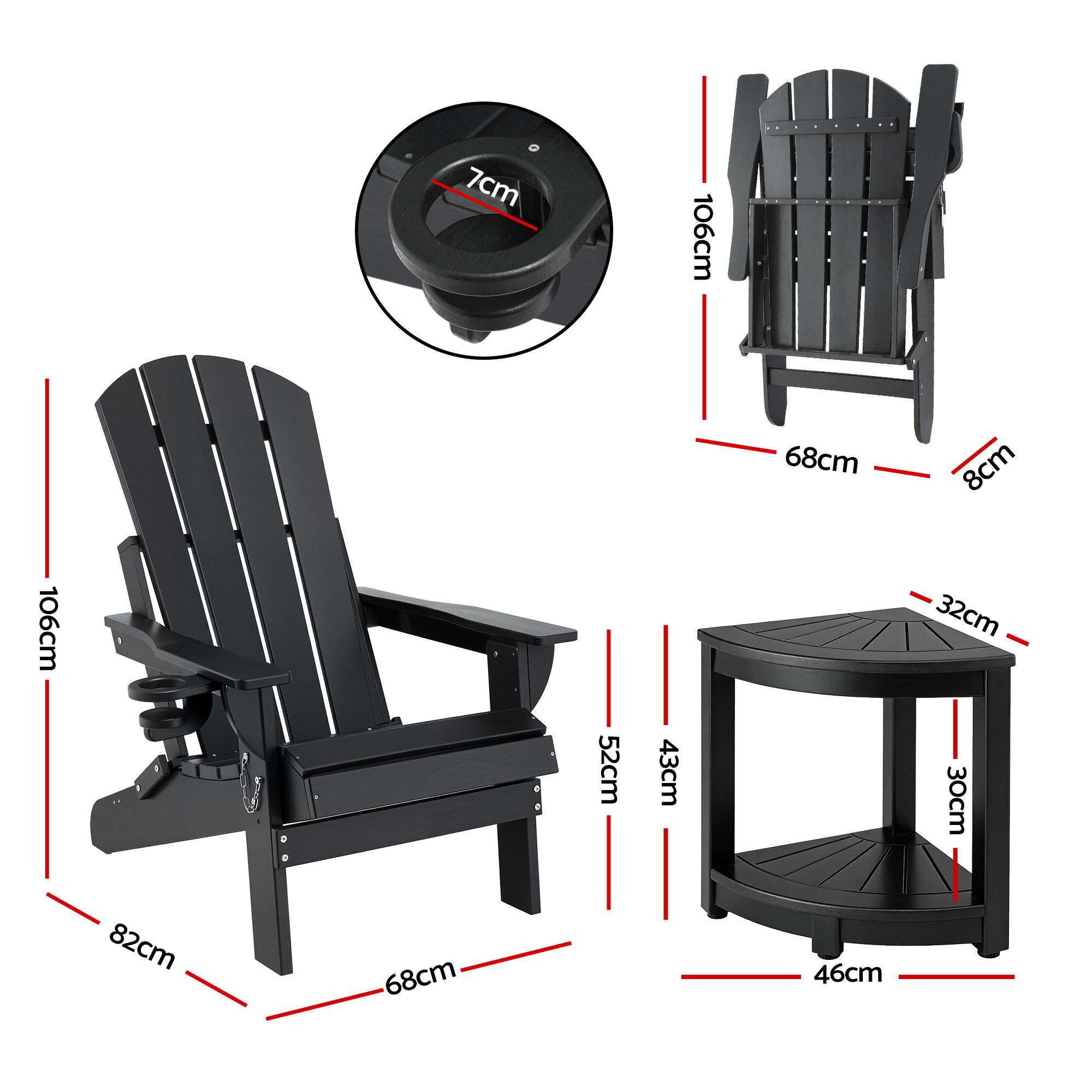 Gardeon Outdoor Table and Chairs HDPE Folding Adirondack Beach Chair Patio Furniture Black - Image 2