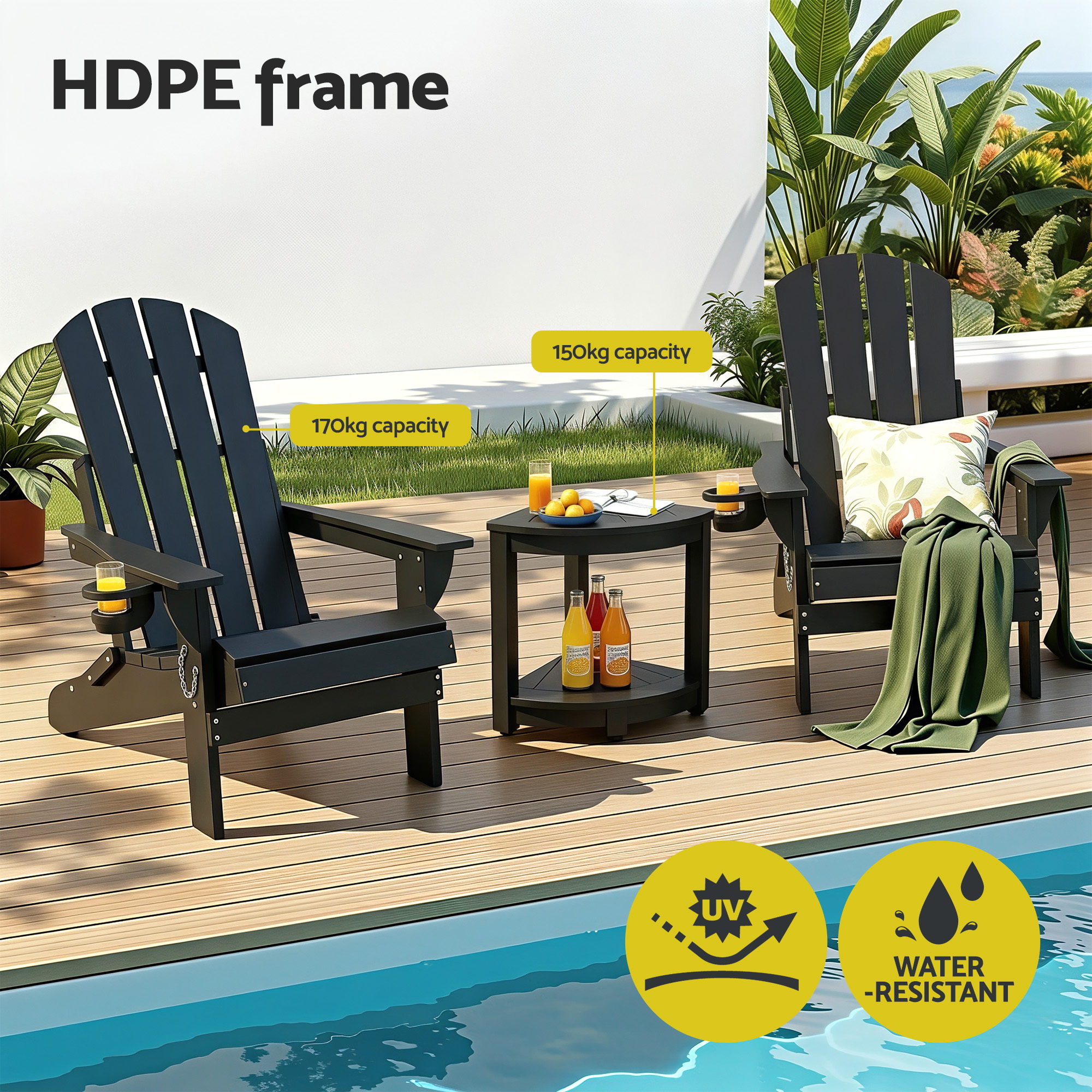 Gardeon Outdoor Table and Chairs HDPE Folding Adirondack Beach Chair Patio Furniture Black - Image 4