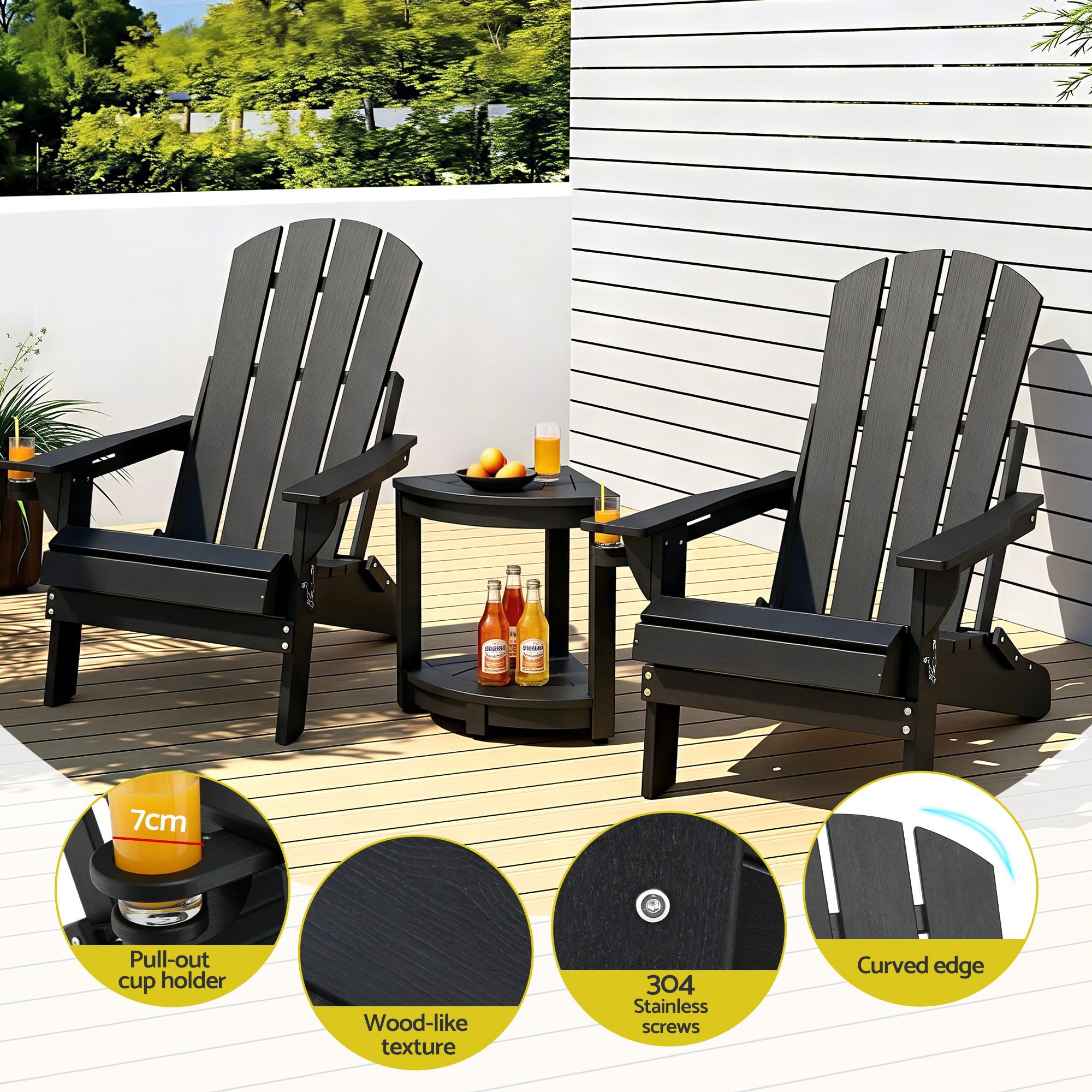 Gardeon Outdoor Table and Chairs HDPE Folding Adirondack Beach Chair Patio Furniture Black - Image 5