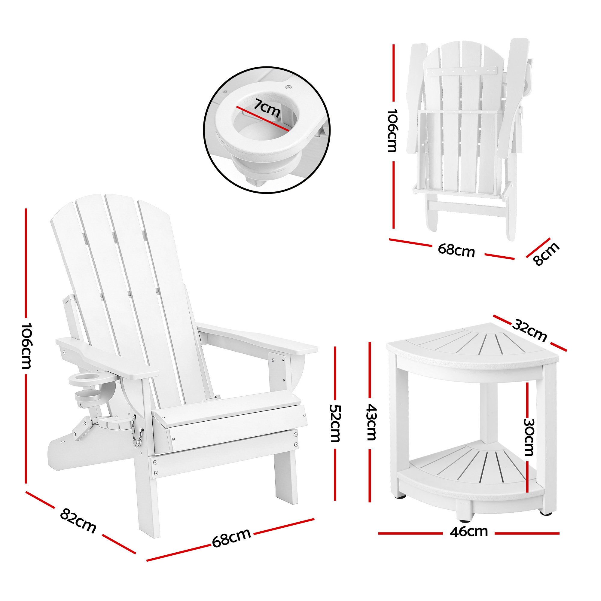 Gardeon Outdoor Table and Chairs HDPE Folding Adirondack Beach Chair Patio Furniture White - Image 2
