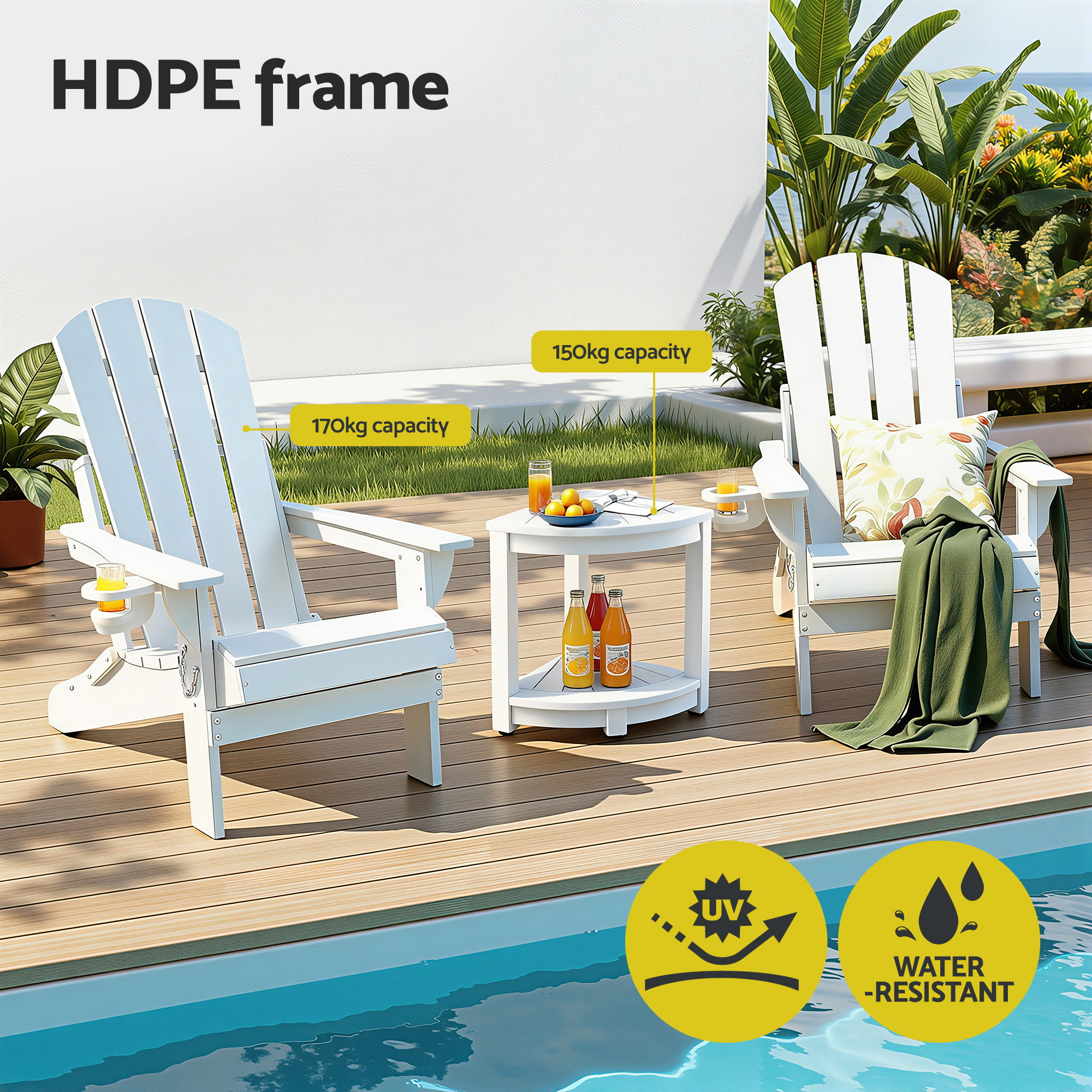 Gardeon Outdoor Table and Chairs HDPE Folding Adirondack Beach Chair Patio Furniture White - Image 4
