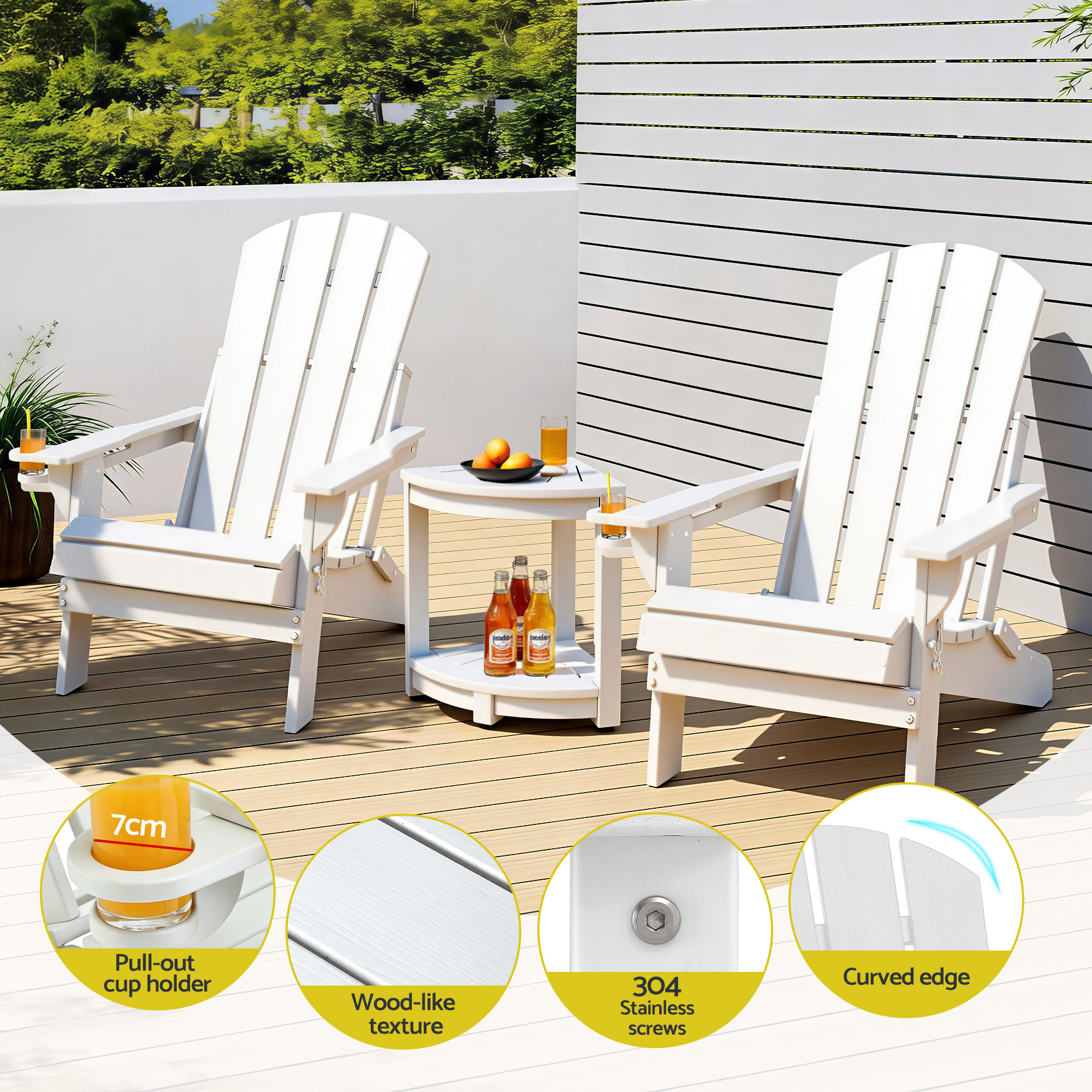 Gardeon Outdoor Table and Chairs HDPE Folding Adirondack Beach Chair Patio Furniture White - Image 5