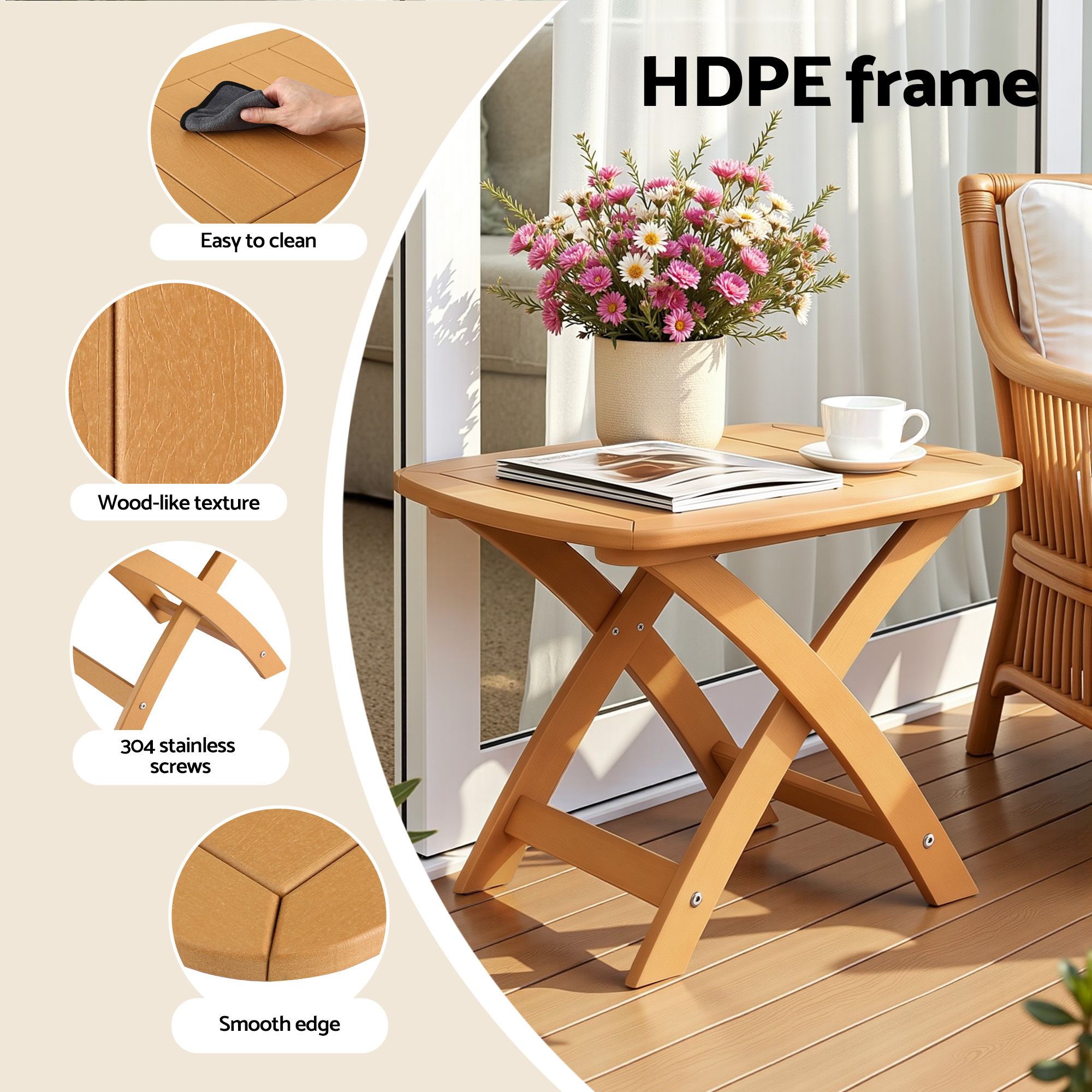 Gardeon Outdoor Coffee Side Table HDPE Desk Indoor Patio Furniture Garden Natural - Image 5