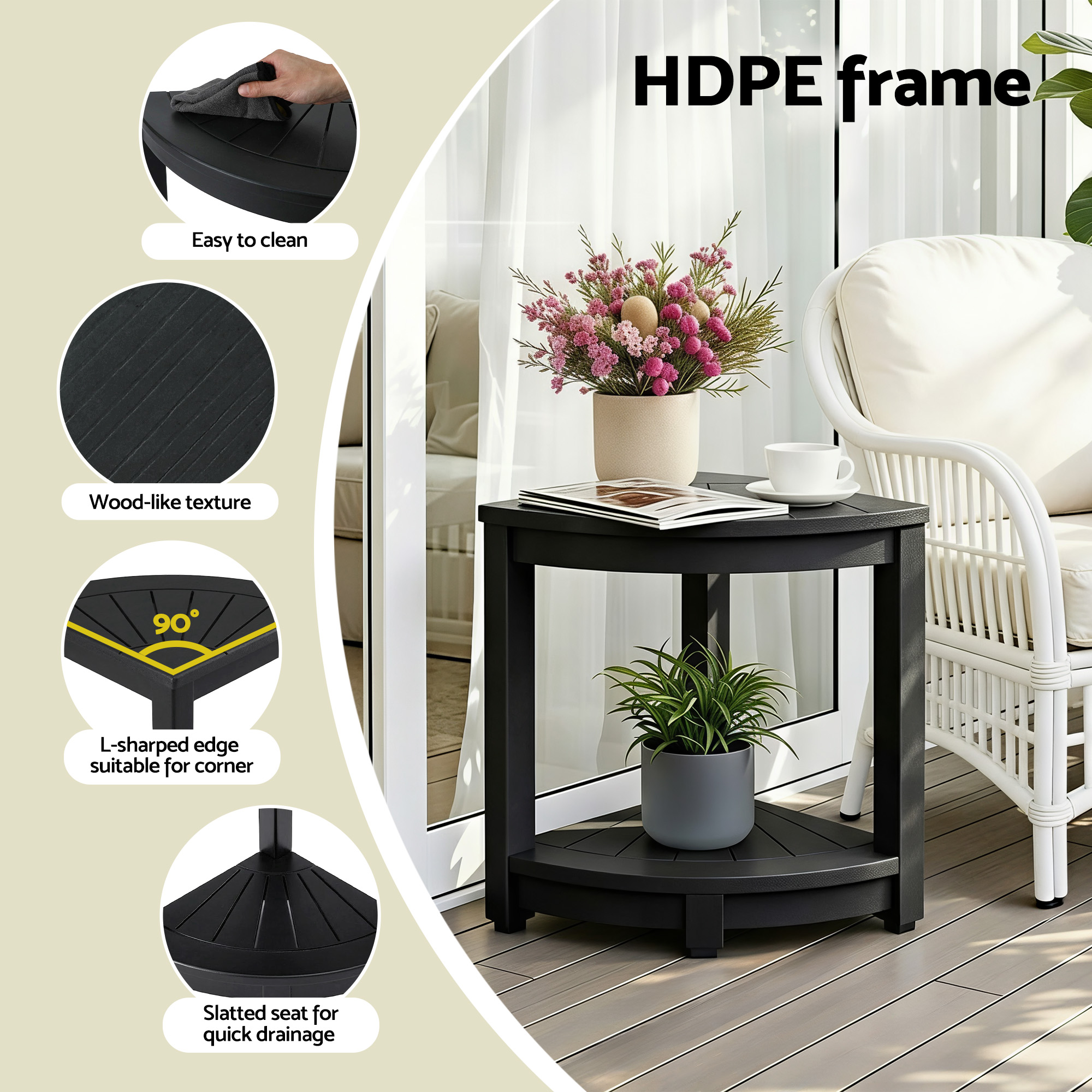 Gardeon Outdoor Coffee Side Table HDPE Desk Corner Shower Stool Bench Seat with Storage Shelf Black - Image 5