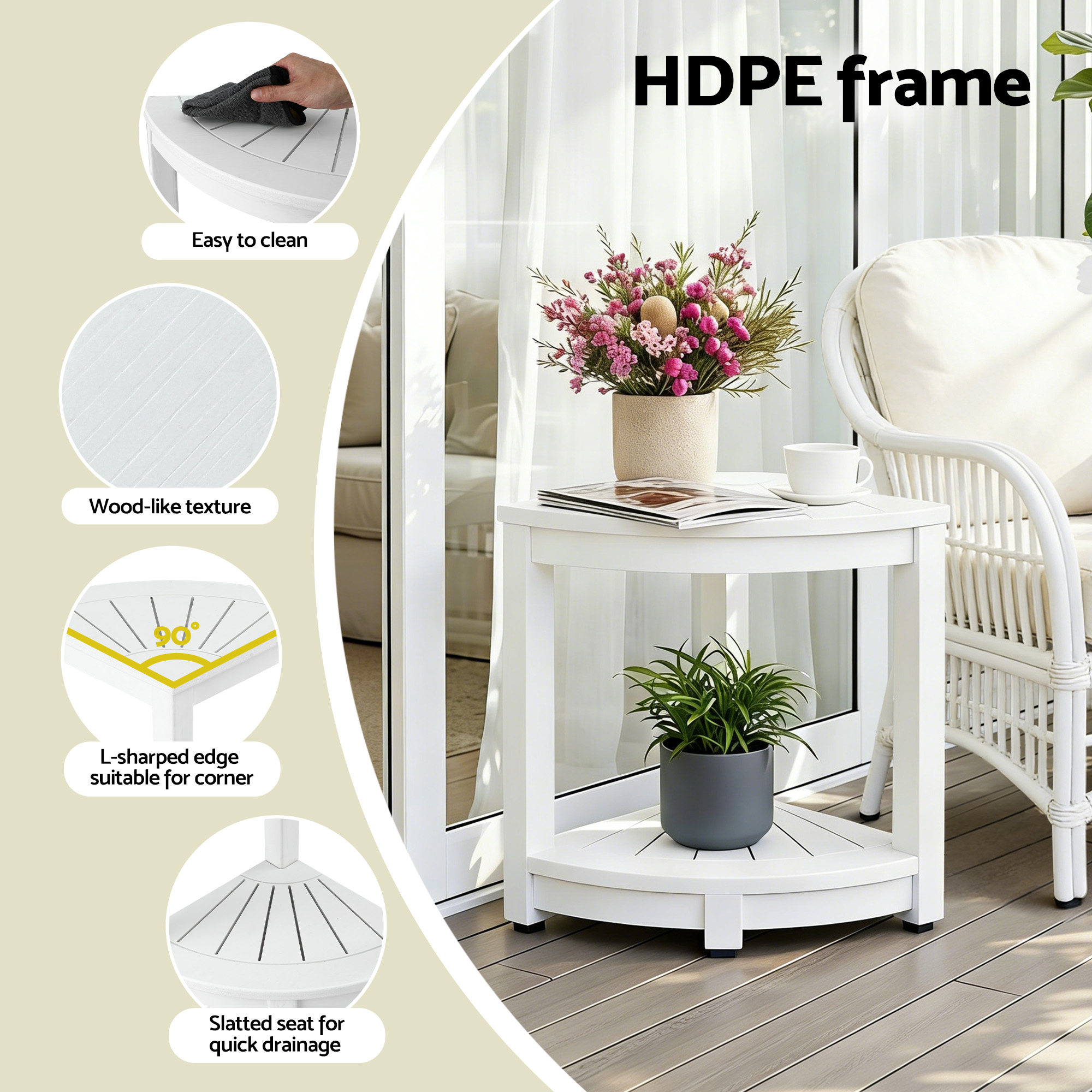 Gardeon Outdoor Coffee Side Table HDPE Desk Corner Shower Stool Bench Seat with Storage Shelf White - Image 5