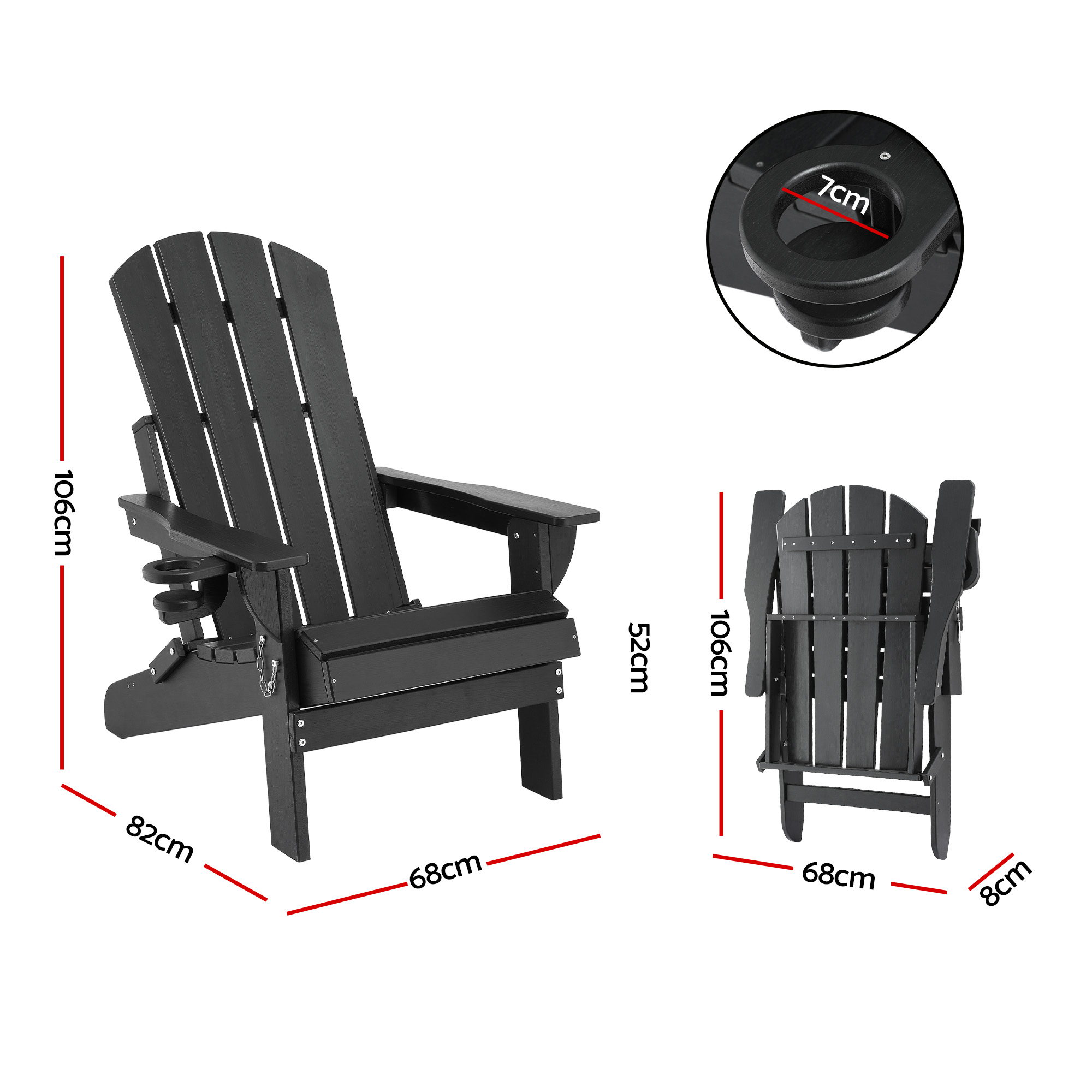 Gardeon Outdoor Chairs Folding Adirondack Beach Chair HDPE Sun Lounge Patio Furniture Garden Black - Image 2