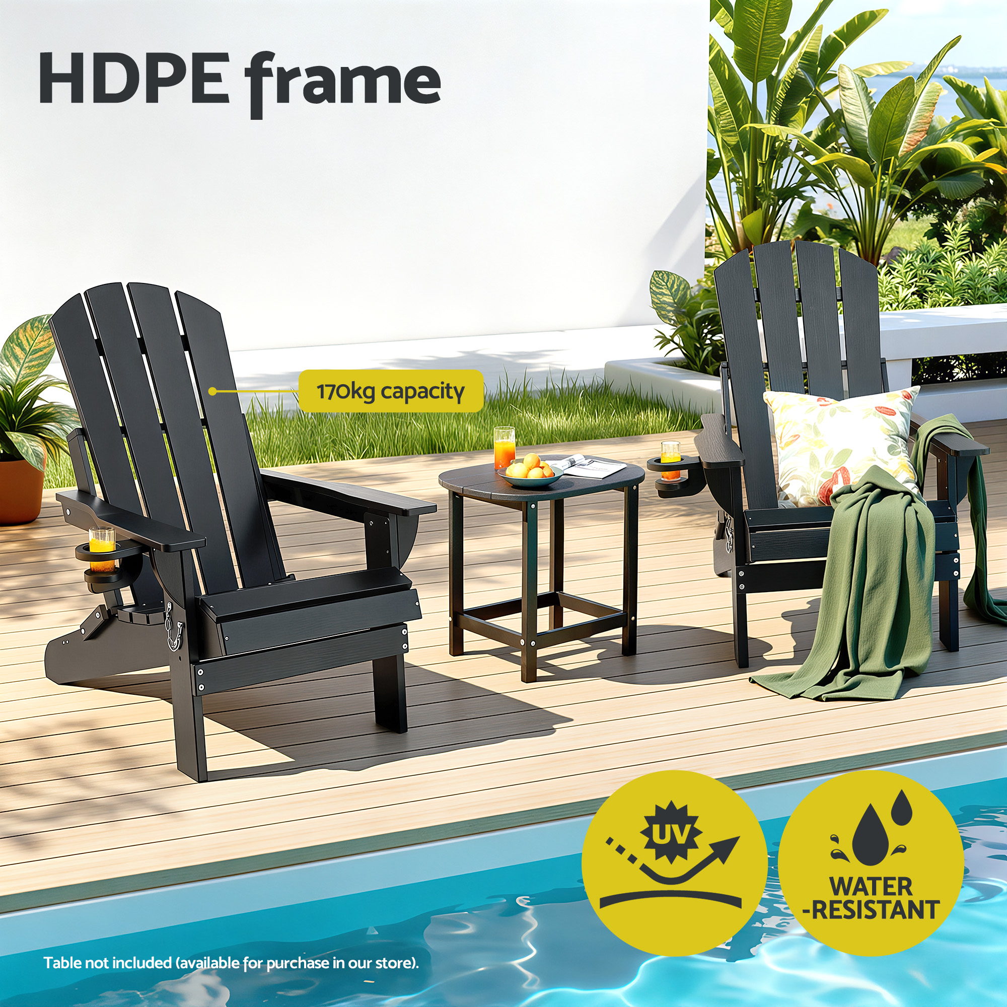 Gardeon Outdoor Chairs Folding Adirondack Beach Chair HDPE Sun Lounge Patio Furniture Garden Black - Image 4