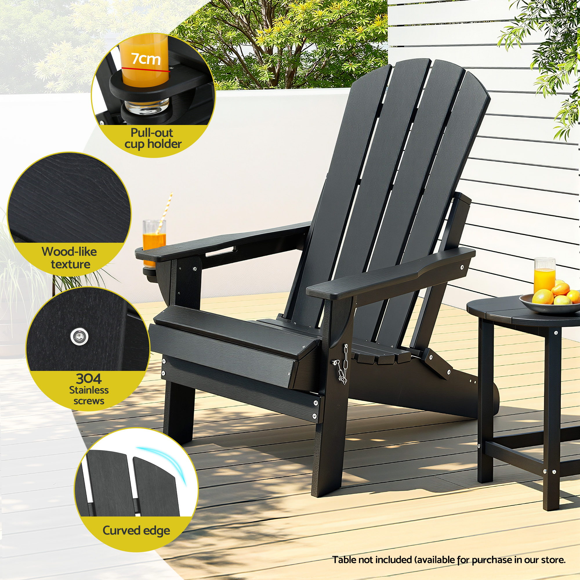 Gardeon Outdoor Chairs Folding Adirondack Beach Chair HDPE Sun Lounge Patio Furniture Garden Black - Image 5