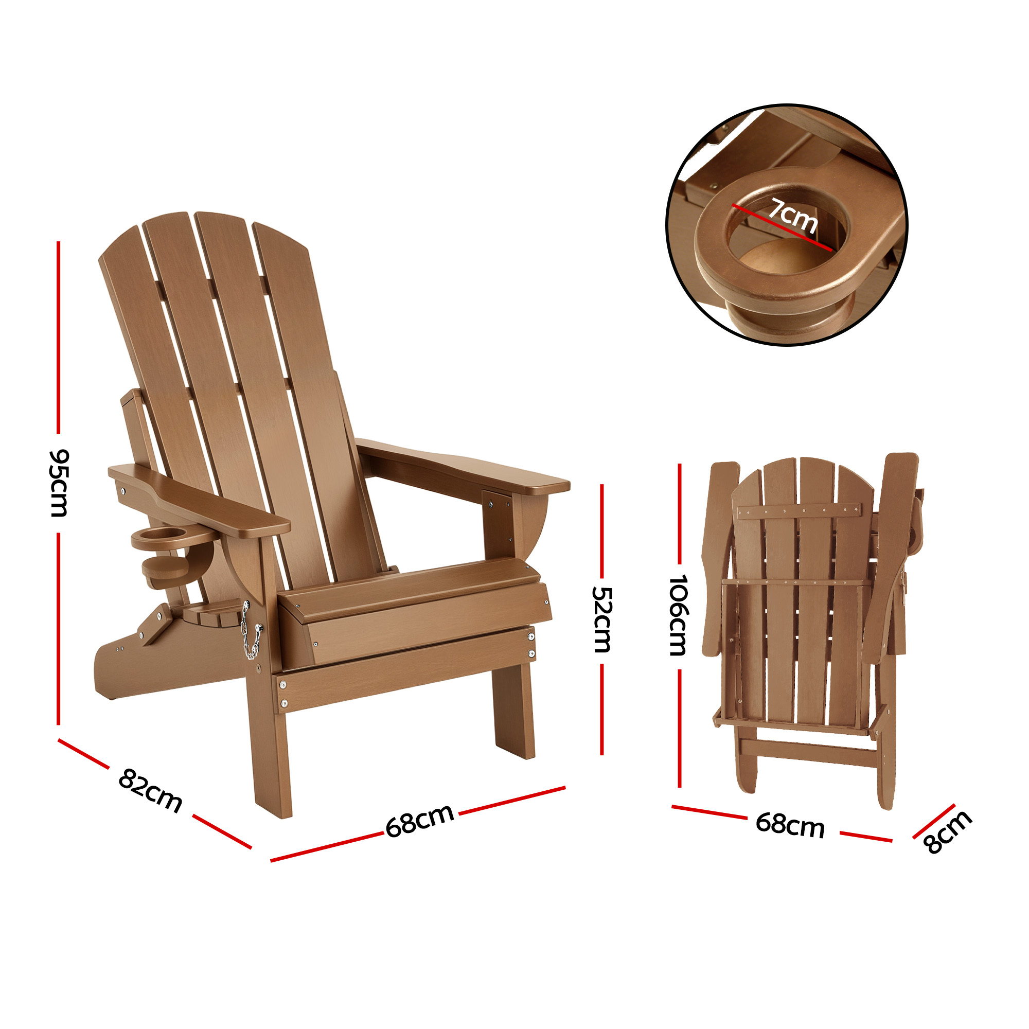 Gardeon Outdoor Chairs Folding Adirondack Beach Chair HDPE Sun Lounge Patio Furniture Garden Brown - Image 2