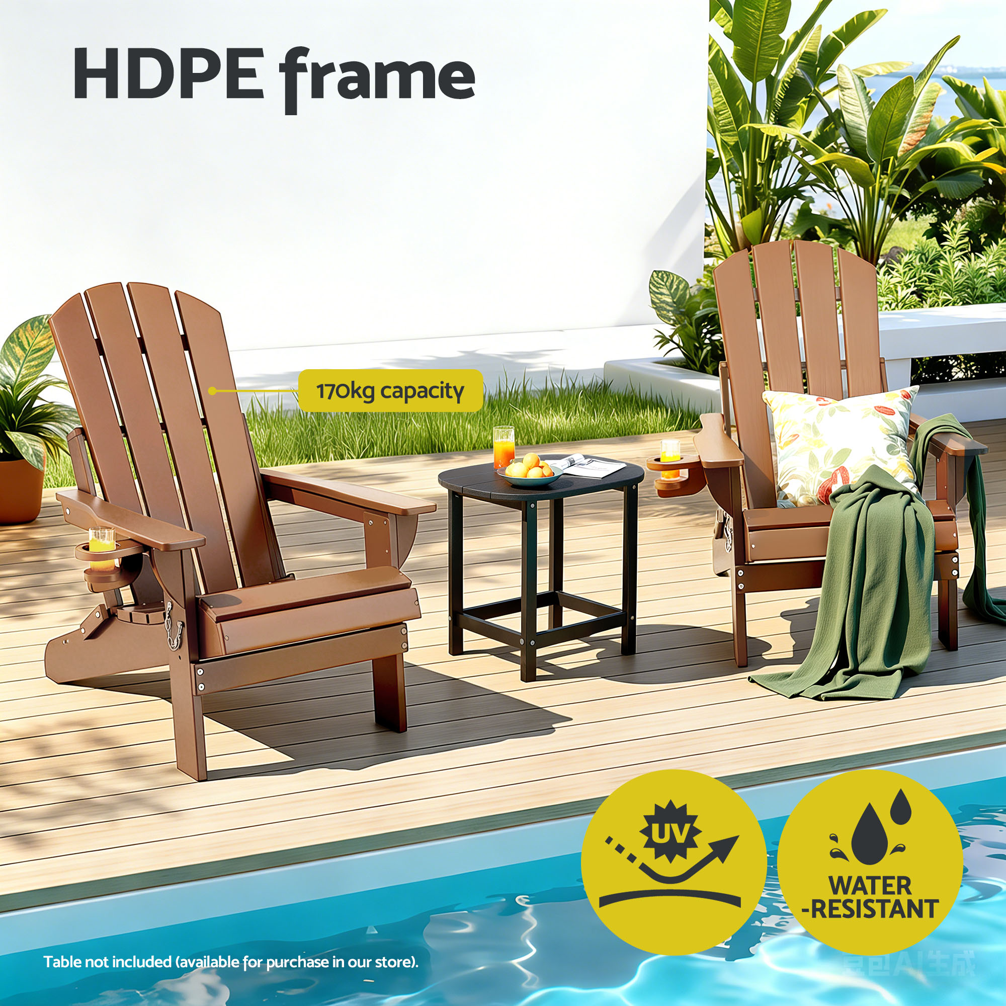 Gardeon Outdoor Chairs Folding Adirondack Beach Chair HDPE Sun Lounge Patio Furniture Garden Brown - Image 4