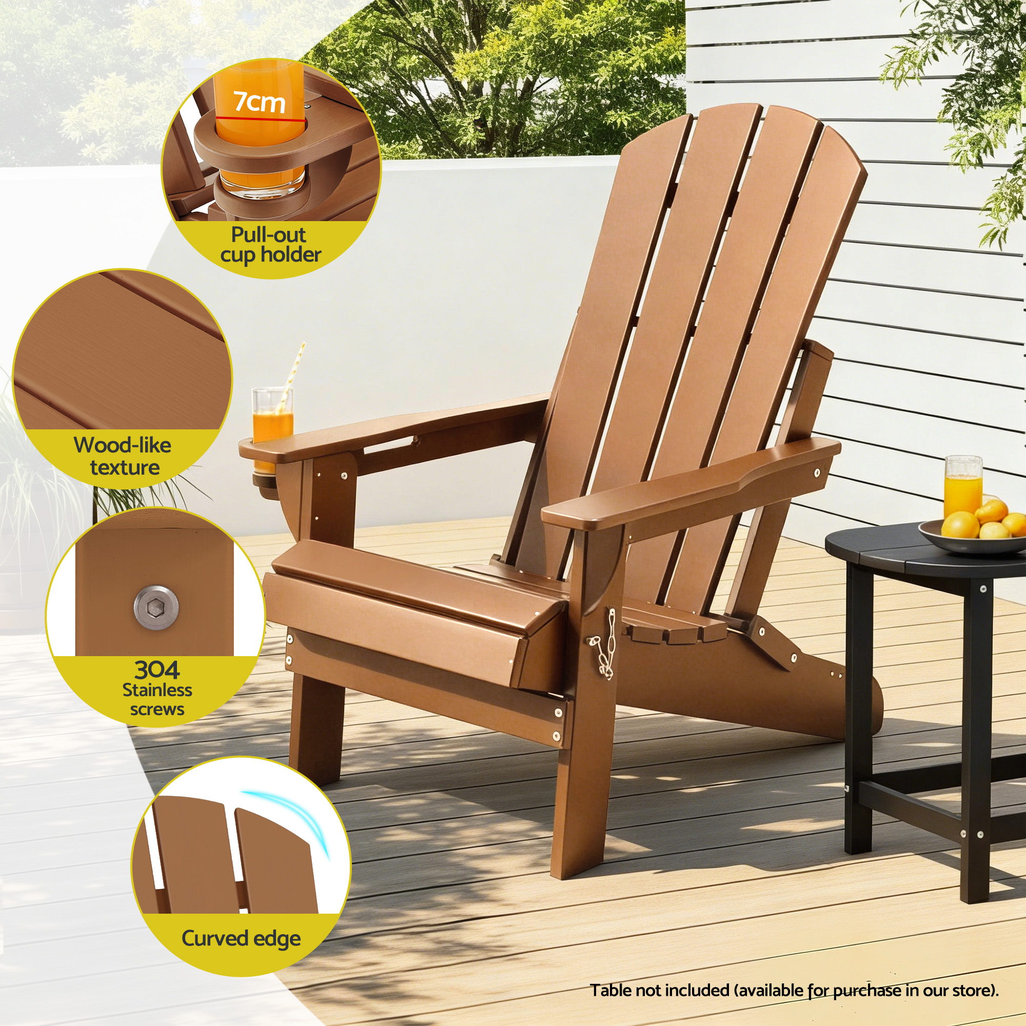 Gardeon Outdoor Chairs Folding Adirondack Beach Chair HDPE Sun Lounge Patio Furniture Garden Brown - Image 5