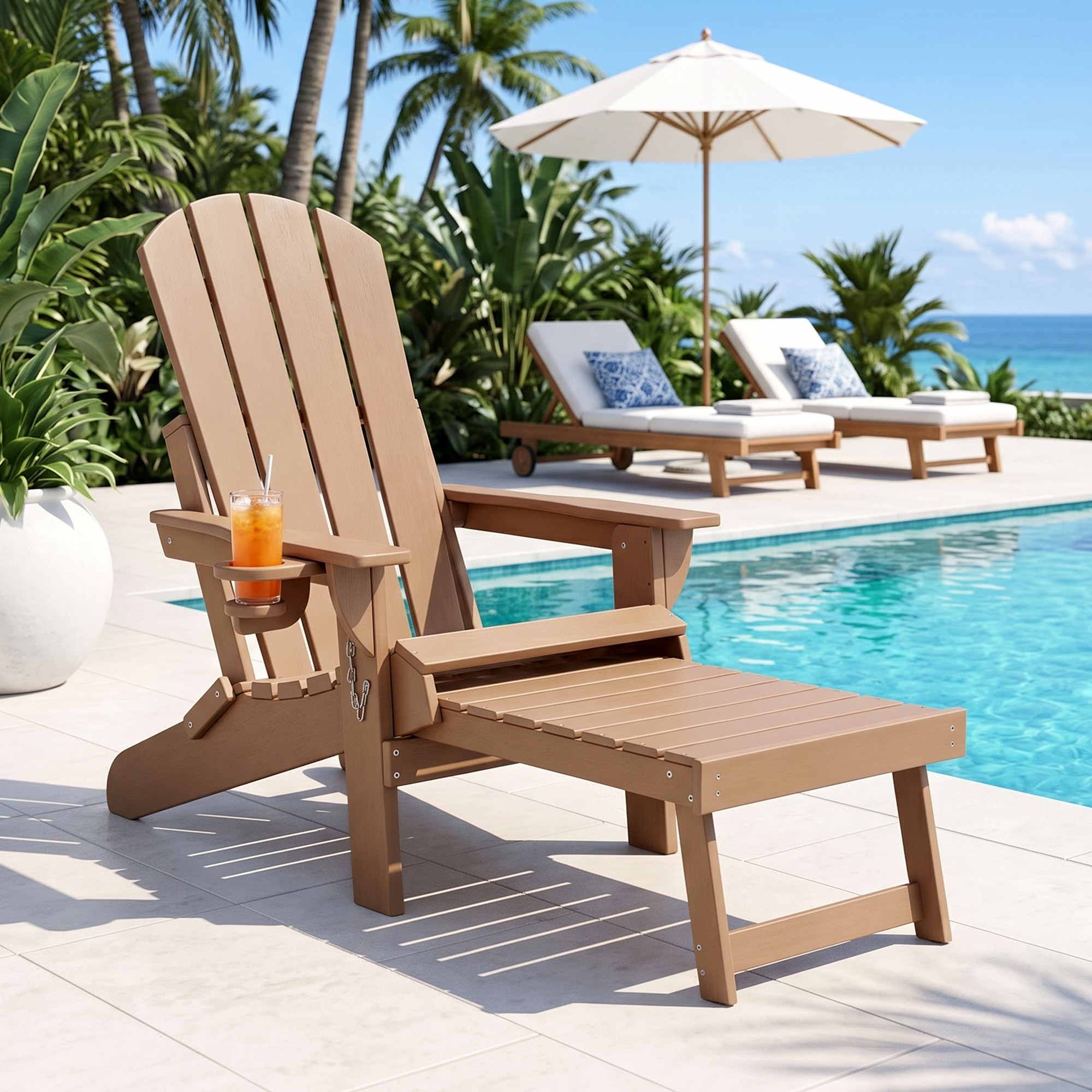 Gardeon Folding Sun Lounger Adirondack Chair Outdoor Lounge Setting HDPE Recliner Footrest Khaki - Image 1