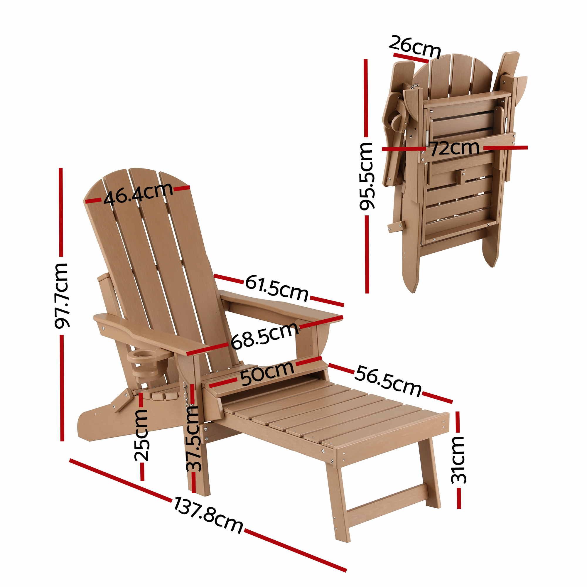 Gardeon Folding Sun Lounger Adirondack Chair Outdoor Lounge Setting HDPE Recliner Footrest Khaki - Image 2