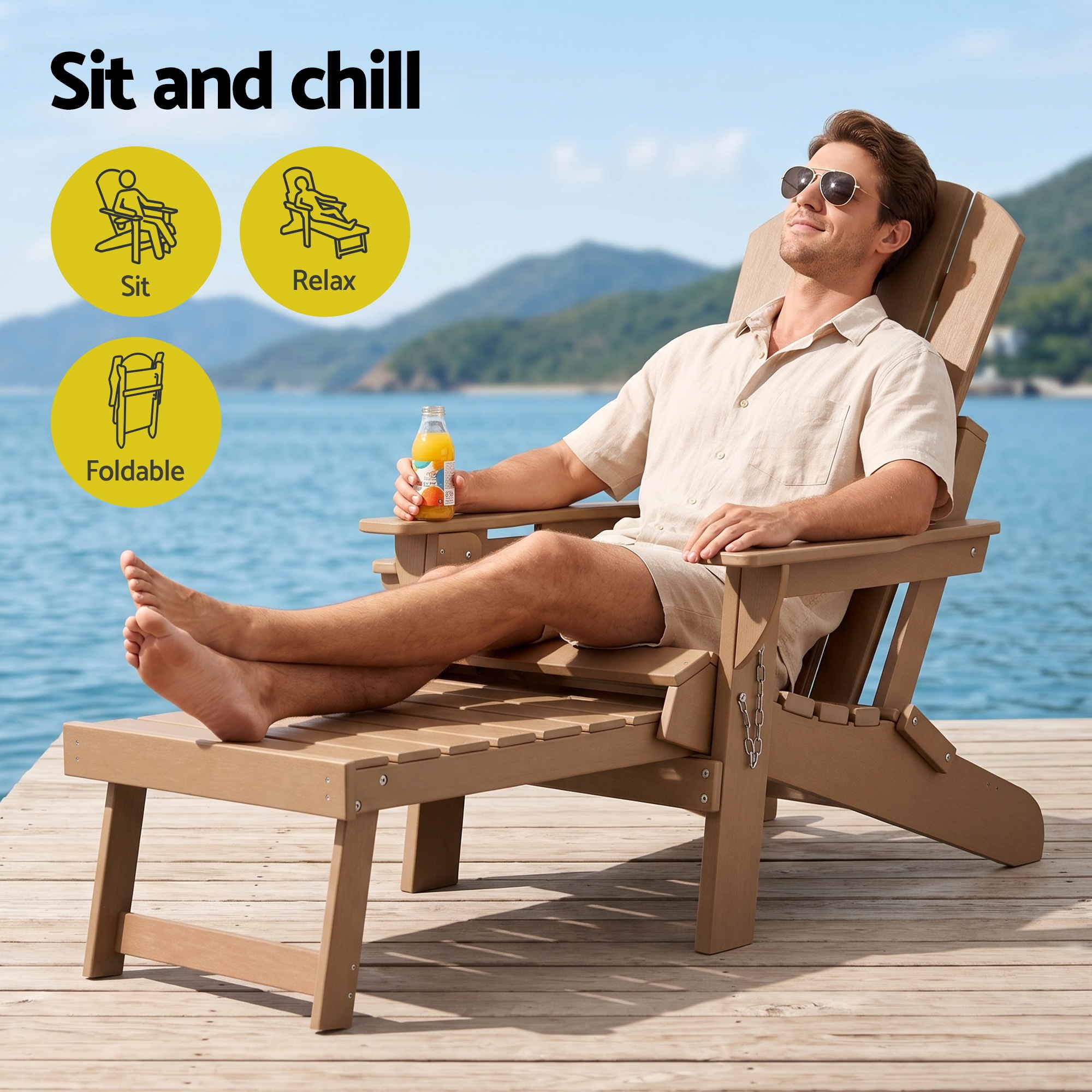 Gardeon Folding Sun Lounger Adirondack Chair Outdoor Lounge Setting HDPE Recliner Footrest Khaki - Image 4