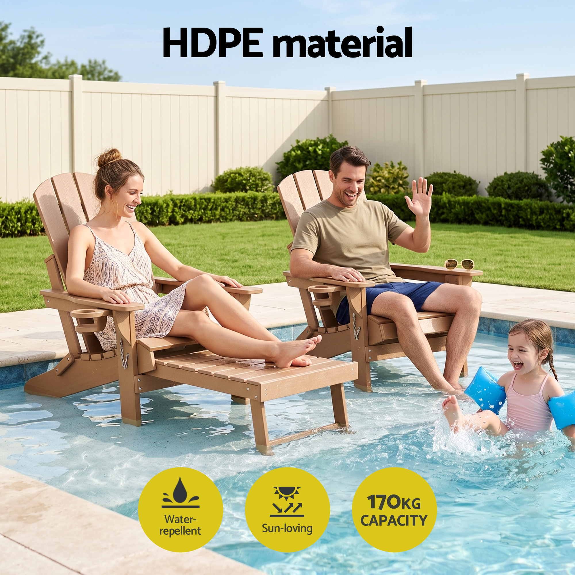 Gardeon Folding Sun Lounger Adirondack Chair Outdoor Lounge Setting HDPE Recliner Footrest Khaki - Image 5