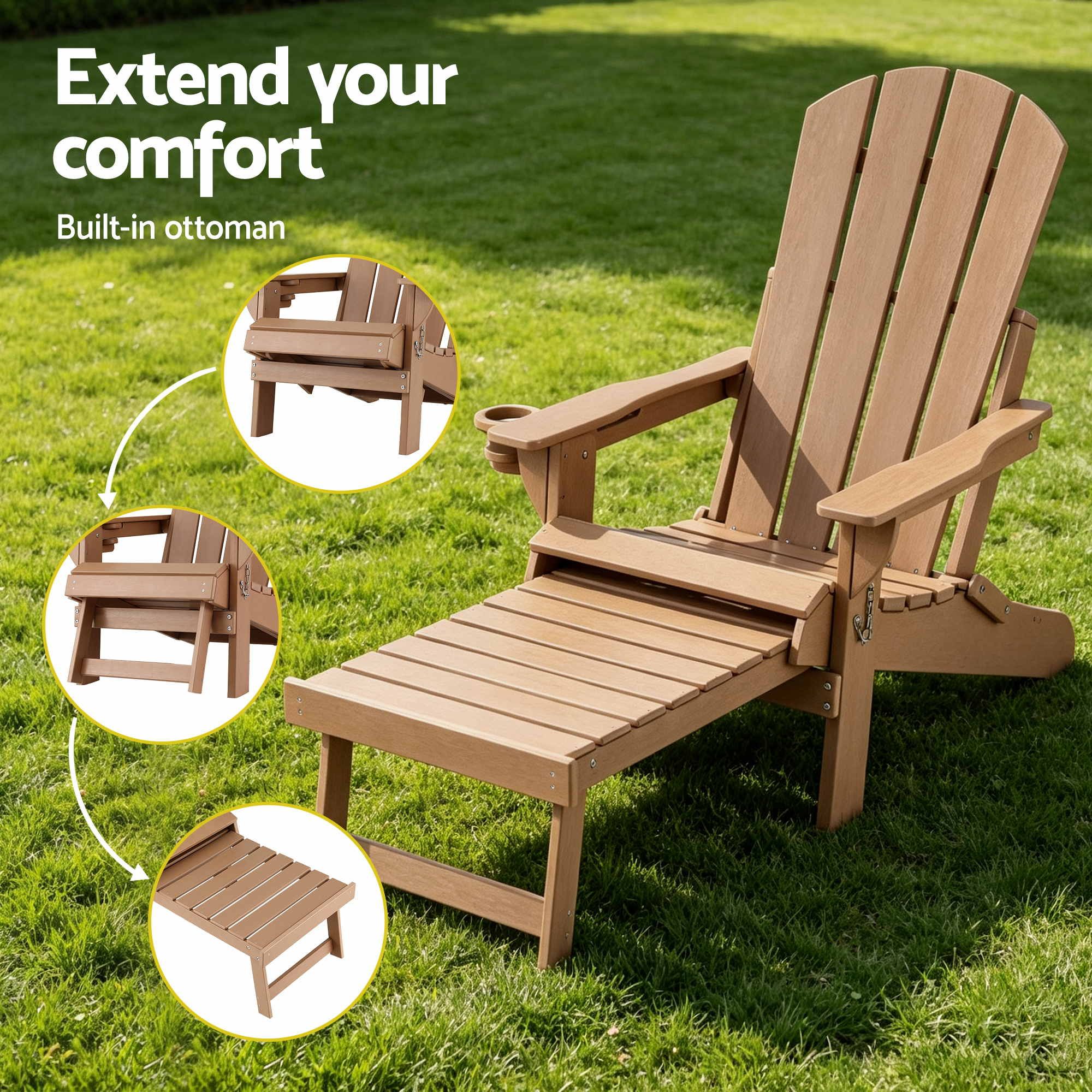 Gardeon Folding Sun Lounger Adirondack Chair Outdoor Lounge Setting HDPE Recliner Footrest Khaki - Image 6
