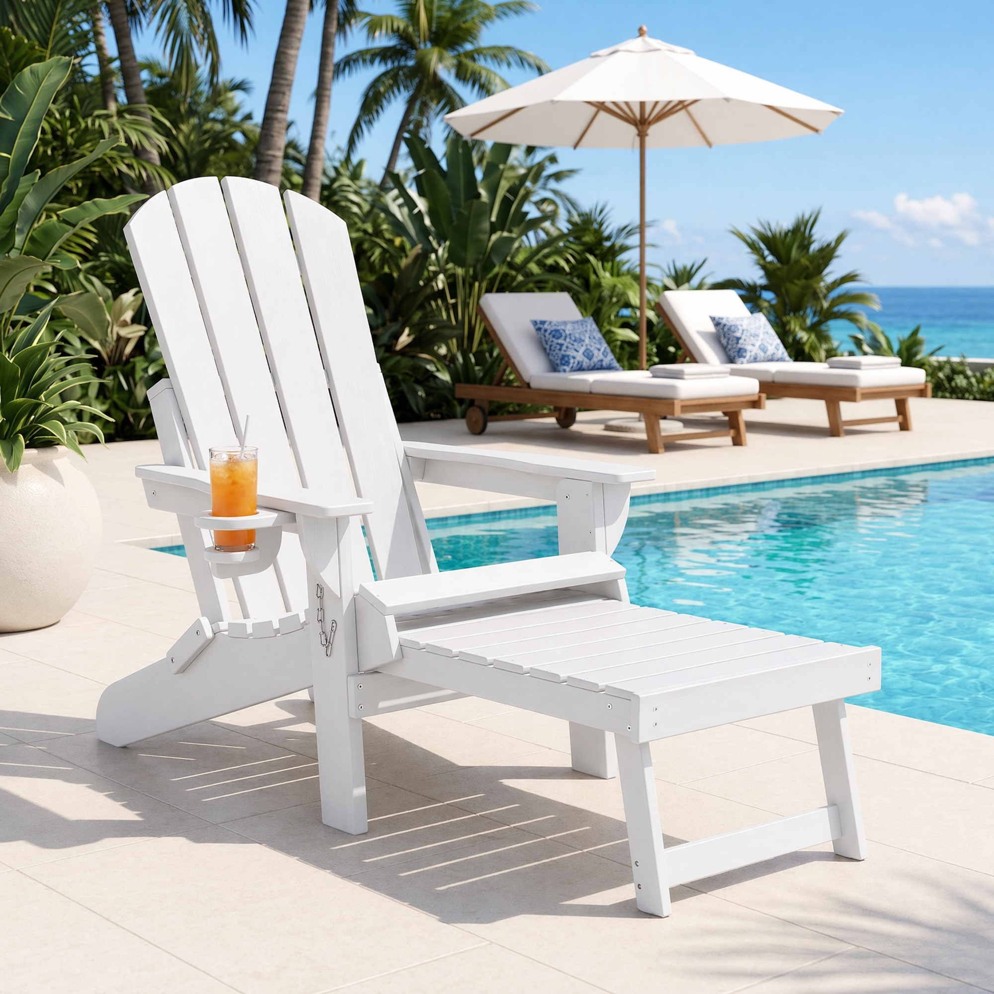 Gardeon Folding Sun Lounger Adirondack Chair Outdoor Lounge Setting HDPE Recliner Footrest White - Image 1