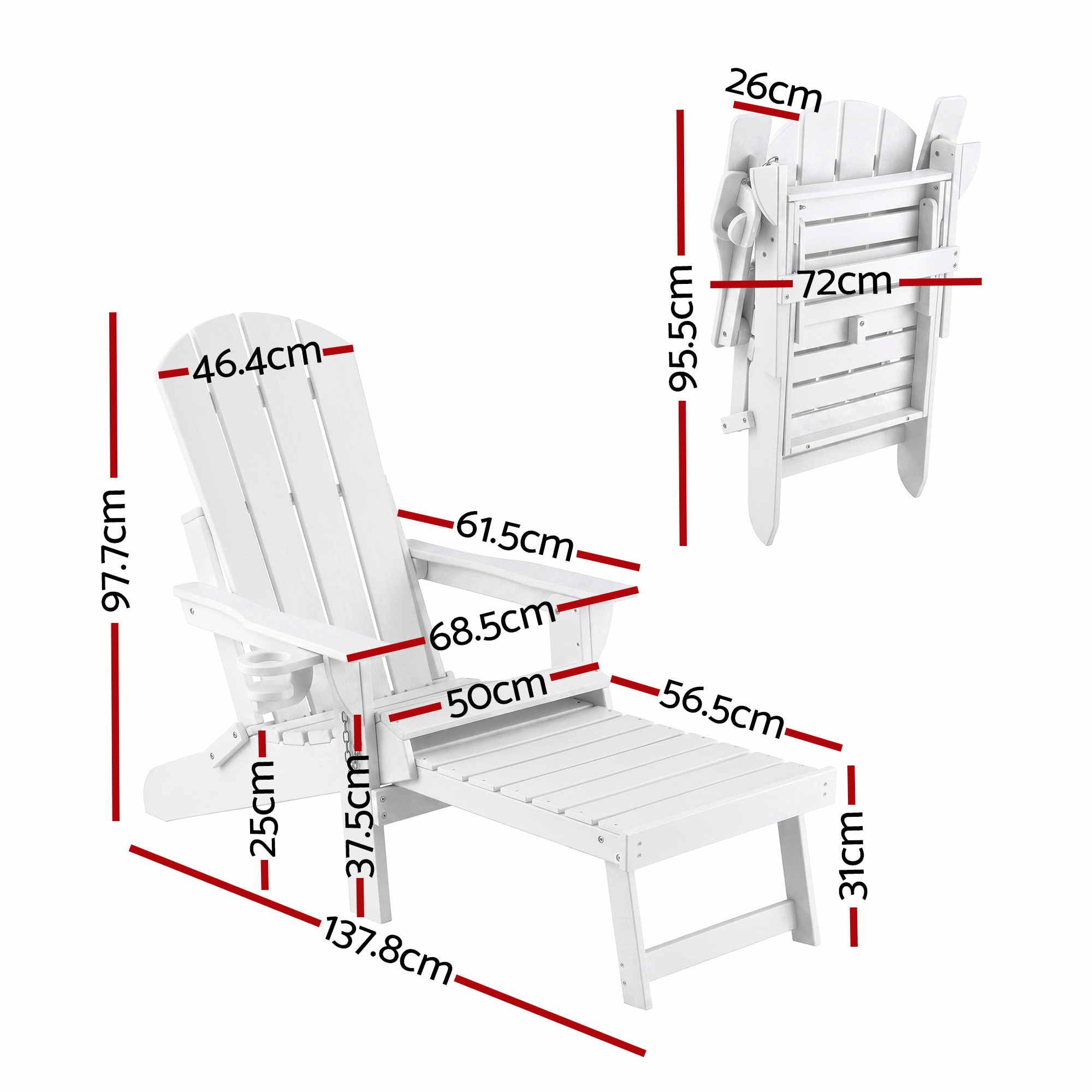 Gardeon Folding Sun Lounger Adirondack Chair Outdoor Lounge Setting HDPE Recliner Footrest White - Image 2