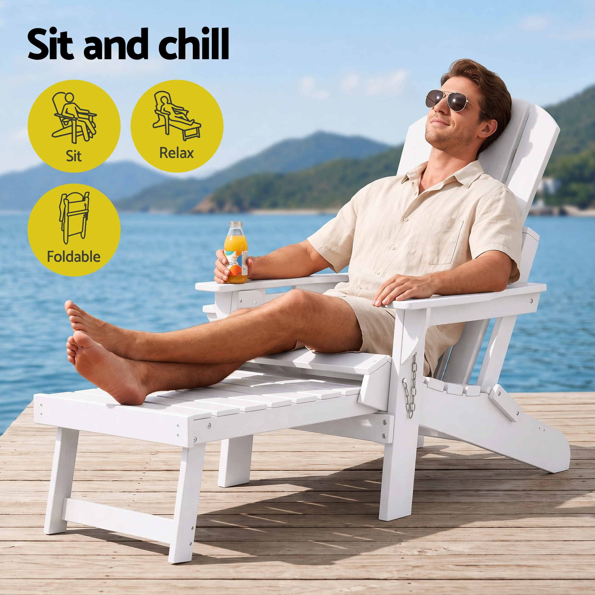 Gardeon Folding Sun Lounger Adirondack Chair Outdoor Lounge Setting HDPE Recliner Footrest White - Image 4