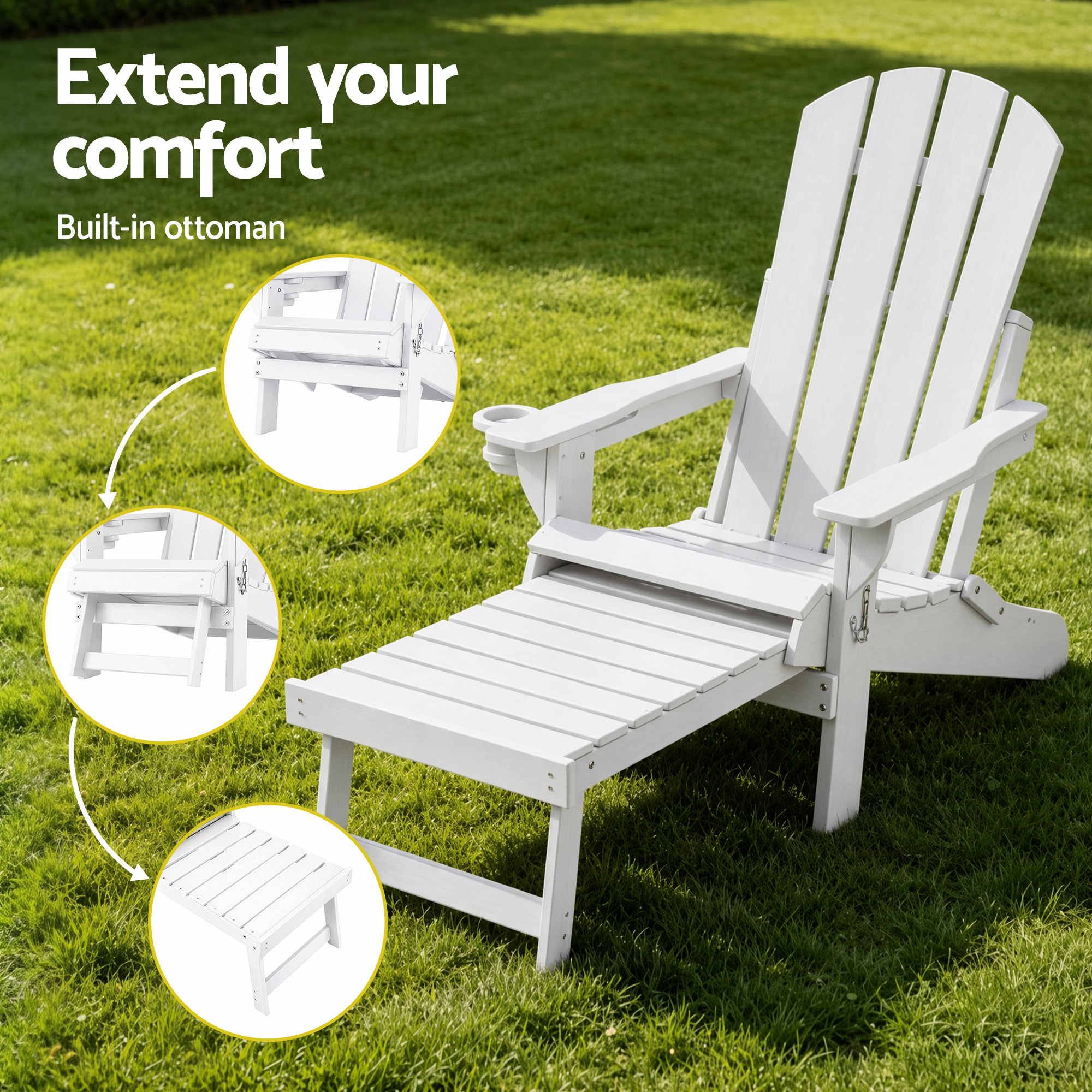 Gardeon Folding Sun Lounger Adirondack Chair Outdoor Lounge Setting HDPE Recliner Footrest White - Image 6