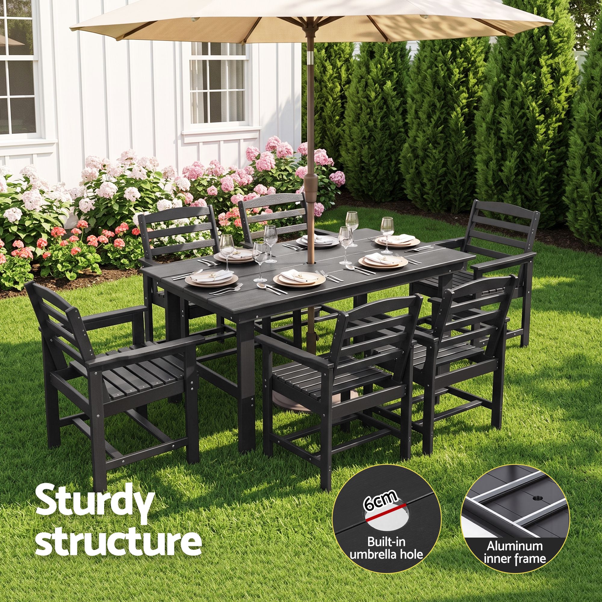 Gardeon 7 Piece Outdoor Dining Set Patio HDPE Table and Chairs Garden Furniture - Image 6