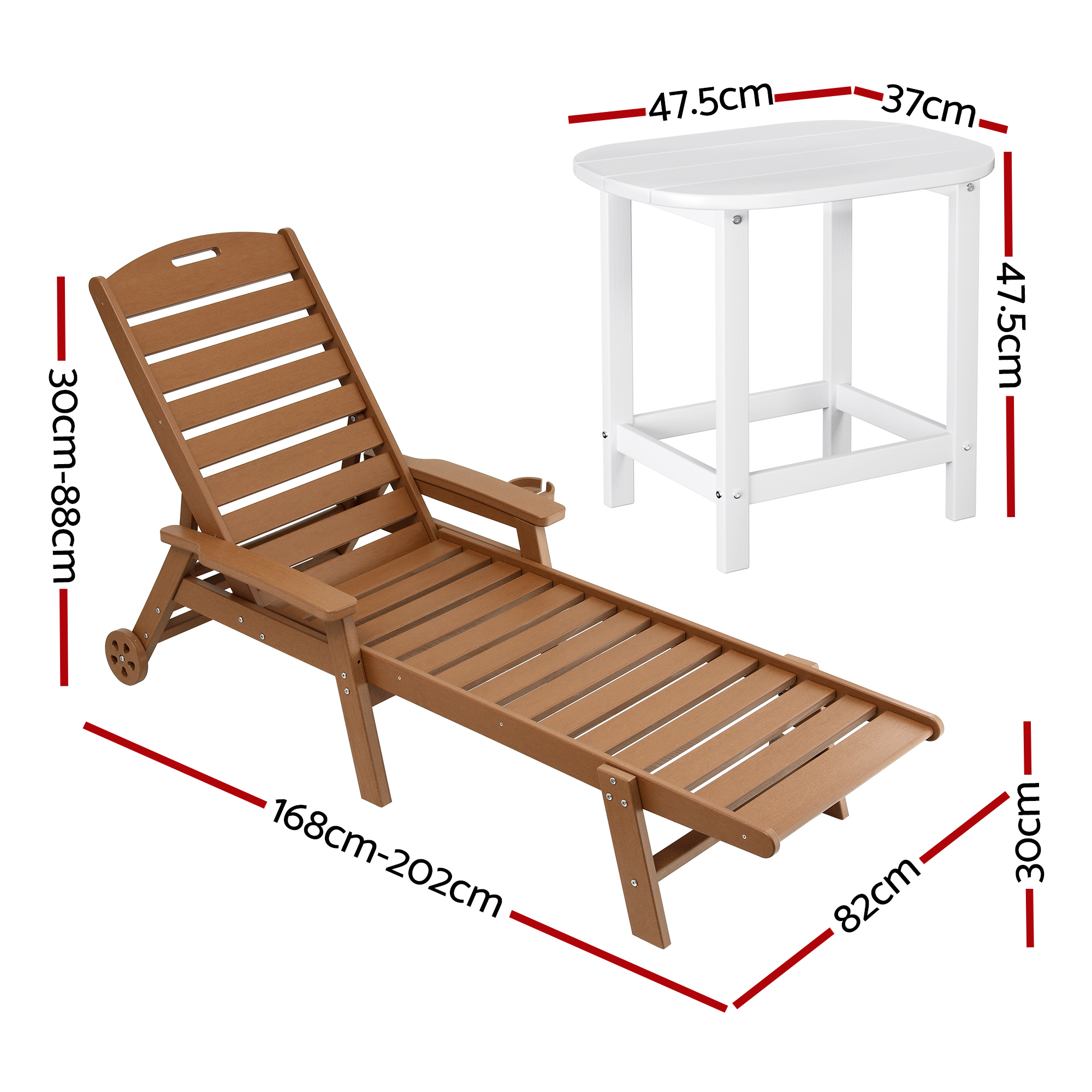 Gardeon Sun Lounge Lounger Table and Chairs Beach Chair HDPE Patio Outdoor Furniture Wheels Brown - Image 2