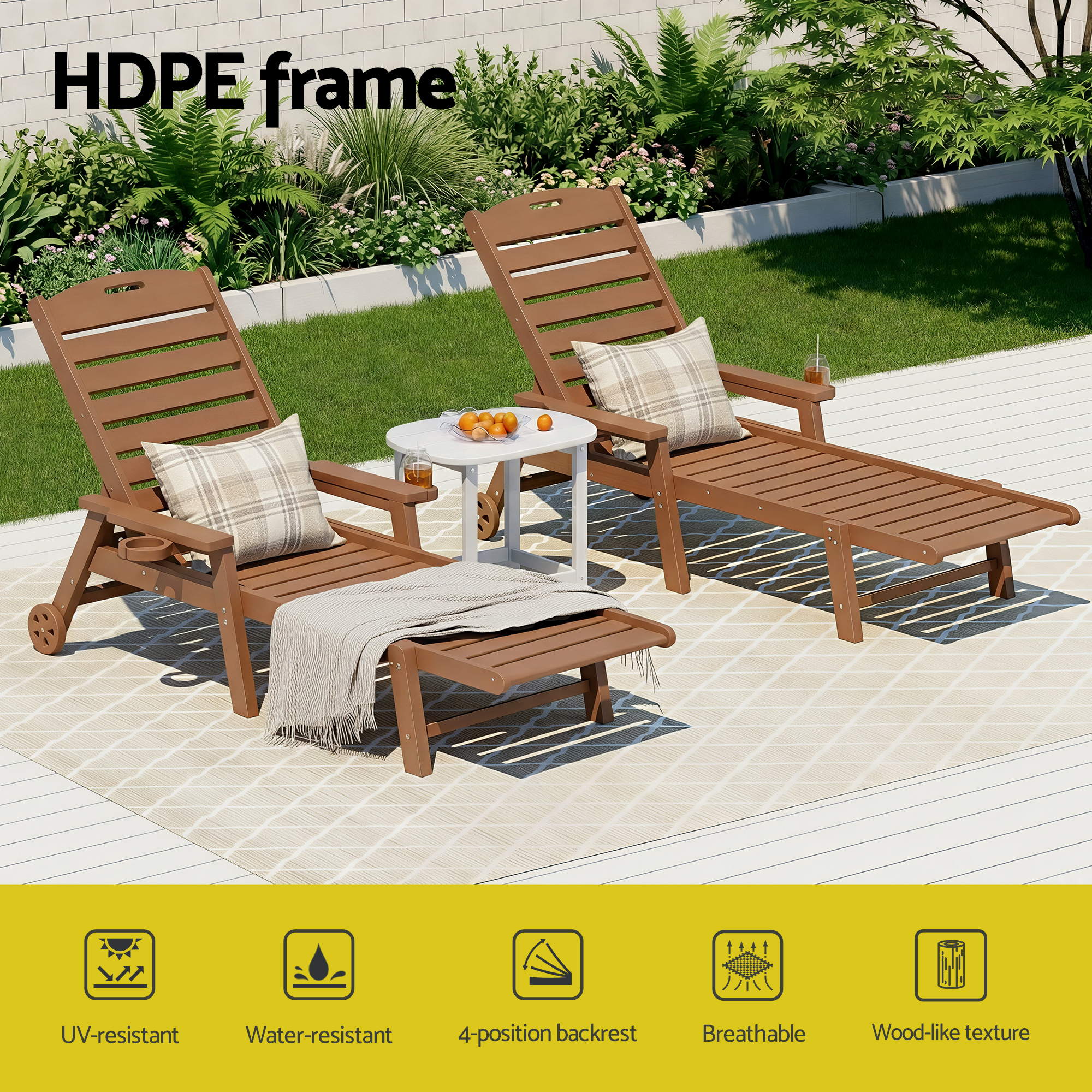 Gardeon Sun Lounge Lounger Table and Chairs Beach Chair HDPE Patio Outdoor Furniture Wheels Brown - Image 4