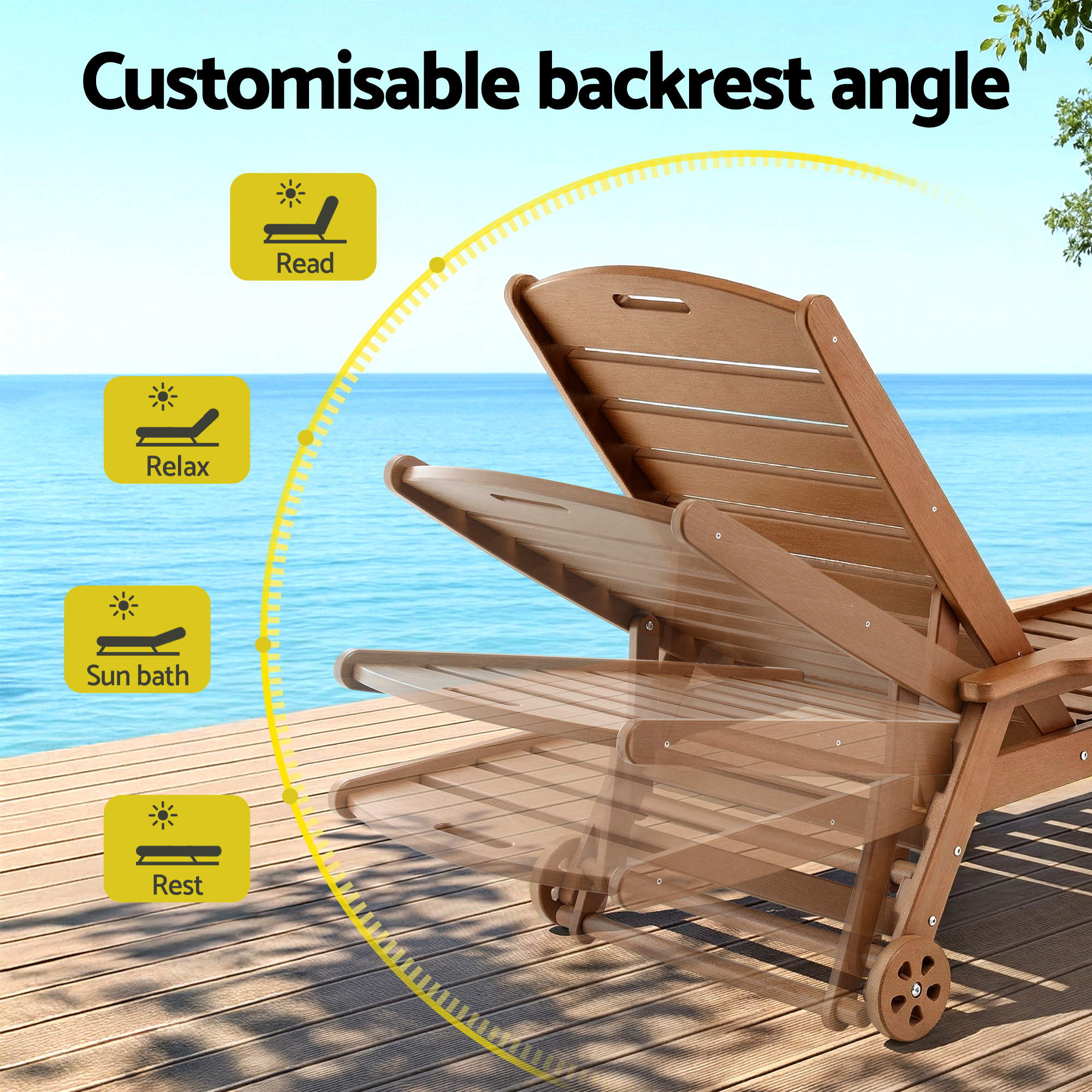 Gardeon Sun Lounge Lounger Table and Chairs Beach Chair HDPE Patio Outdoor Furniture Wheels Brown - Image 5