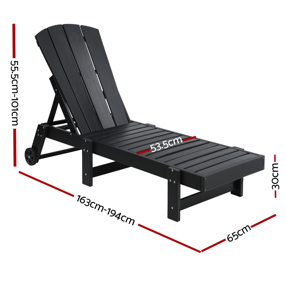 Gardeon Sun Lounge Beach Chair HDPE Adirondack Lounger Patio Outdoor Furniture with Wheels Black - Image 2
