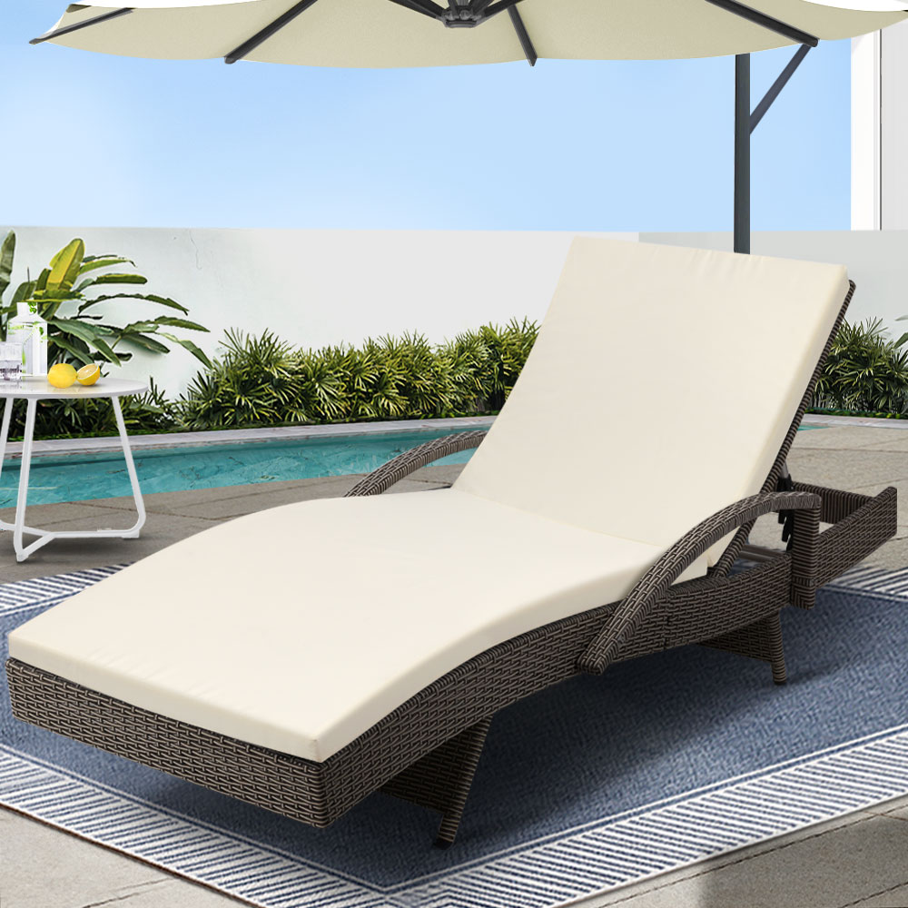Gardeon Sun Lounge Wicker Lounger Outdoor Furniture Beach Chair Patio Adjustable Cushion Grey&Beige - Image 1
