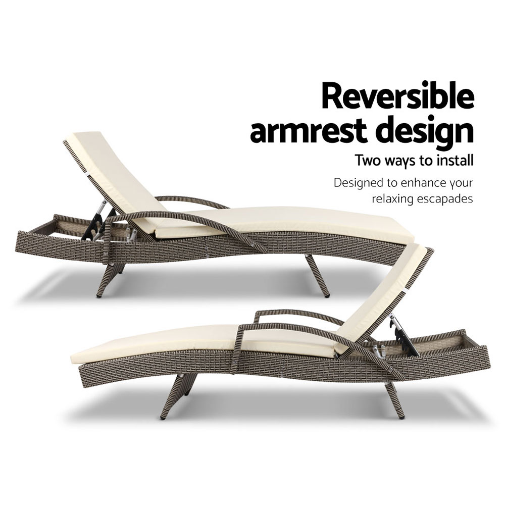 Gardeon Sun Lounge Wicker Lounger Outdoor Furniture Beach Chair Patio Adjustable Cushion Grey&Beige - Image 5