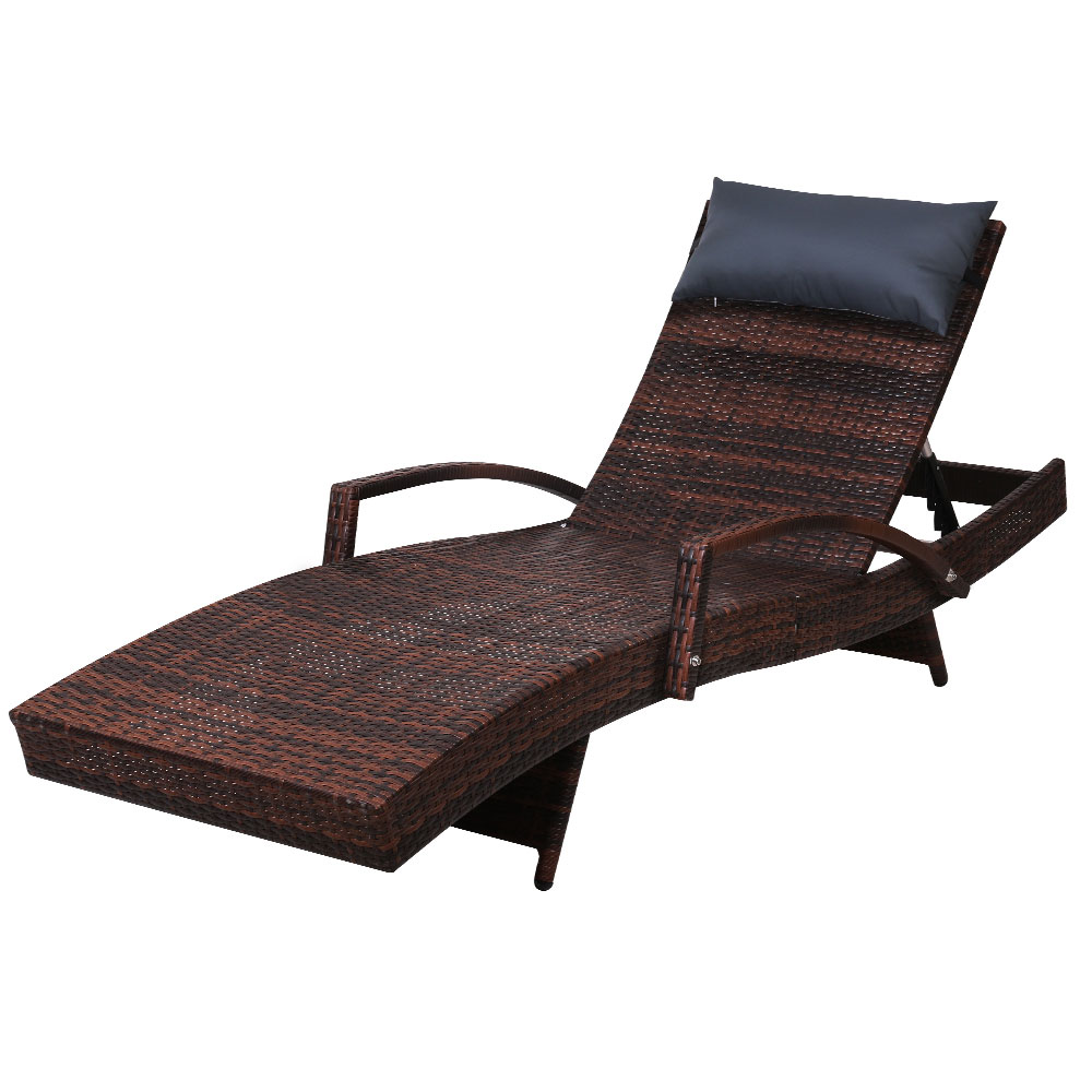 Gardeon Sun Lounge Wicker Lounger Outdoor Furniture Beach Chair Armrest Adjustable Brown - Image 1