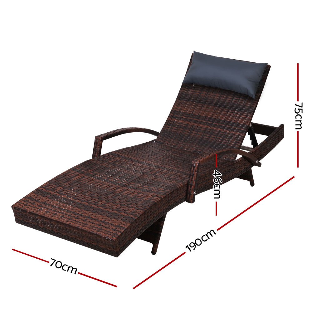 Gardeon Sun Lounge Wicker Lounger Outdoor Furniture Beach Chair Armrest Adjustable Brown - Image 2