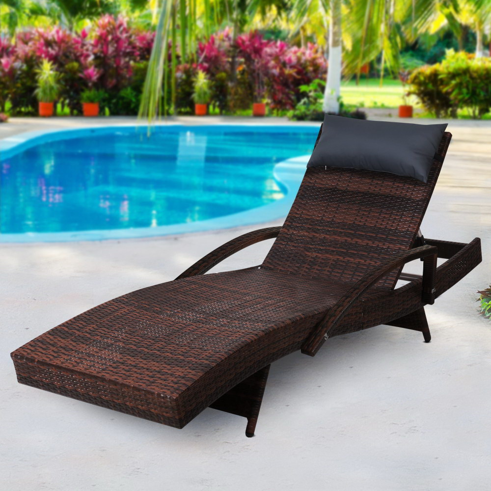 Gardeon Sun Lounge Wicker Lounger Outdoor Furniture Beach Chair Armrest Adjustable Brown - Image 8