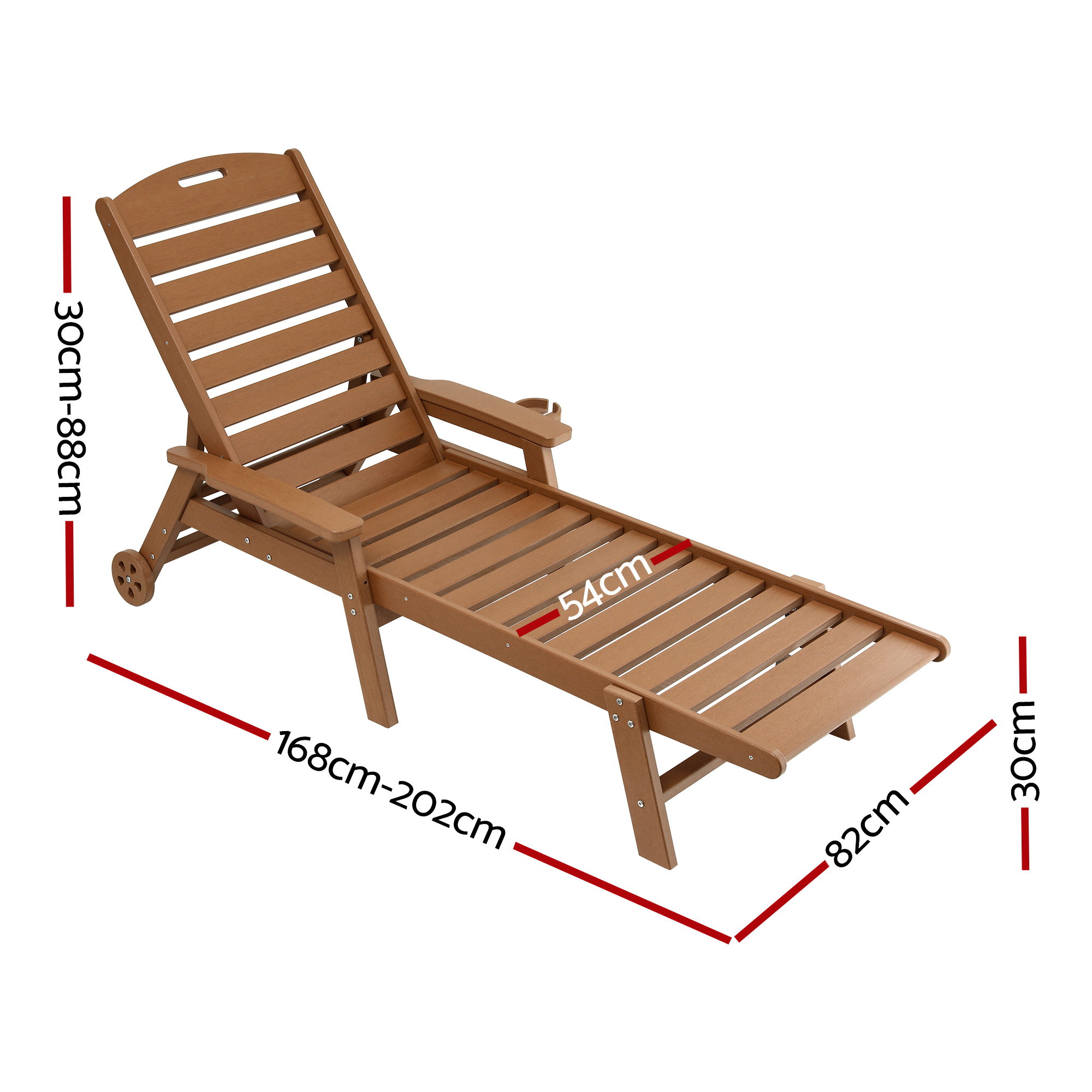 Gardeon Sun Lounge Lounger Beach Chair HDPE Patio Outdoor Furniture with Wheels Brown - Image 2