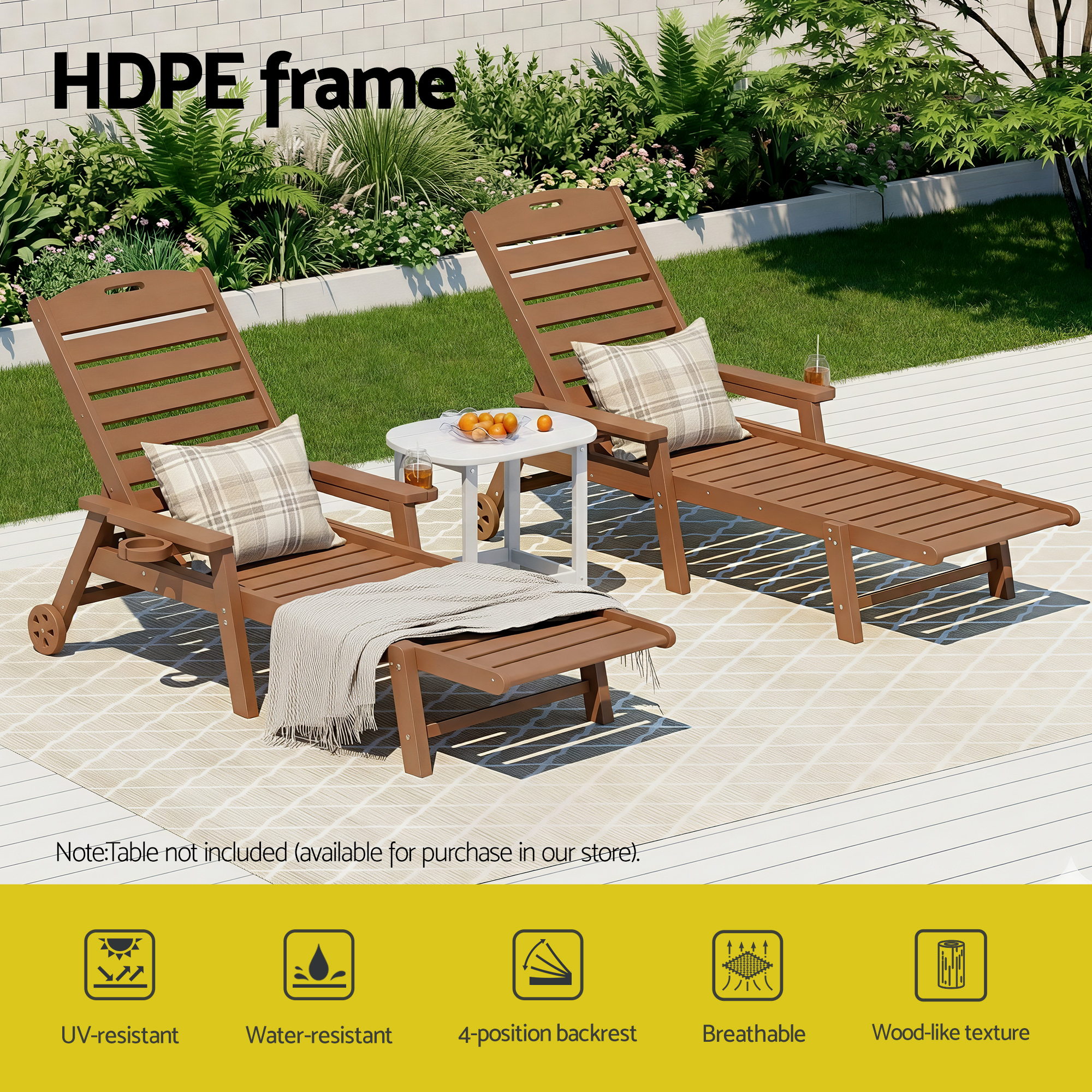 Gardeon Sun Lounge Lounger Beach Chair HDPE Patio Outdoor Furniture with Wheels Brown - Image 4