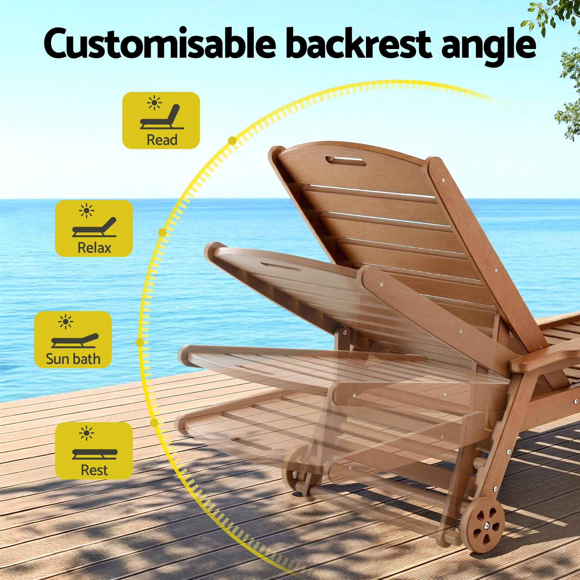 Gardeon Sun Lounge Lounger Beach Chair HDPE Patio Outdoor Furniture with Wheels Brown - Image 5