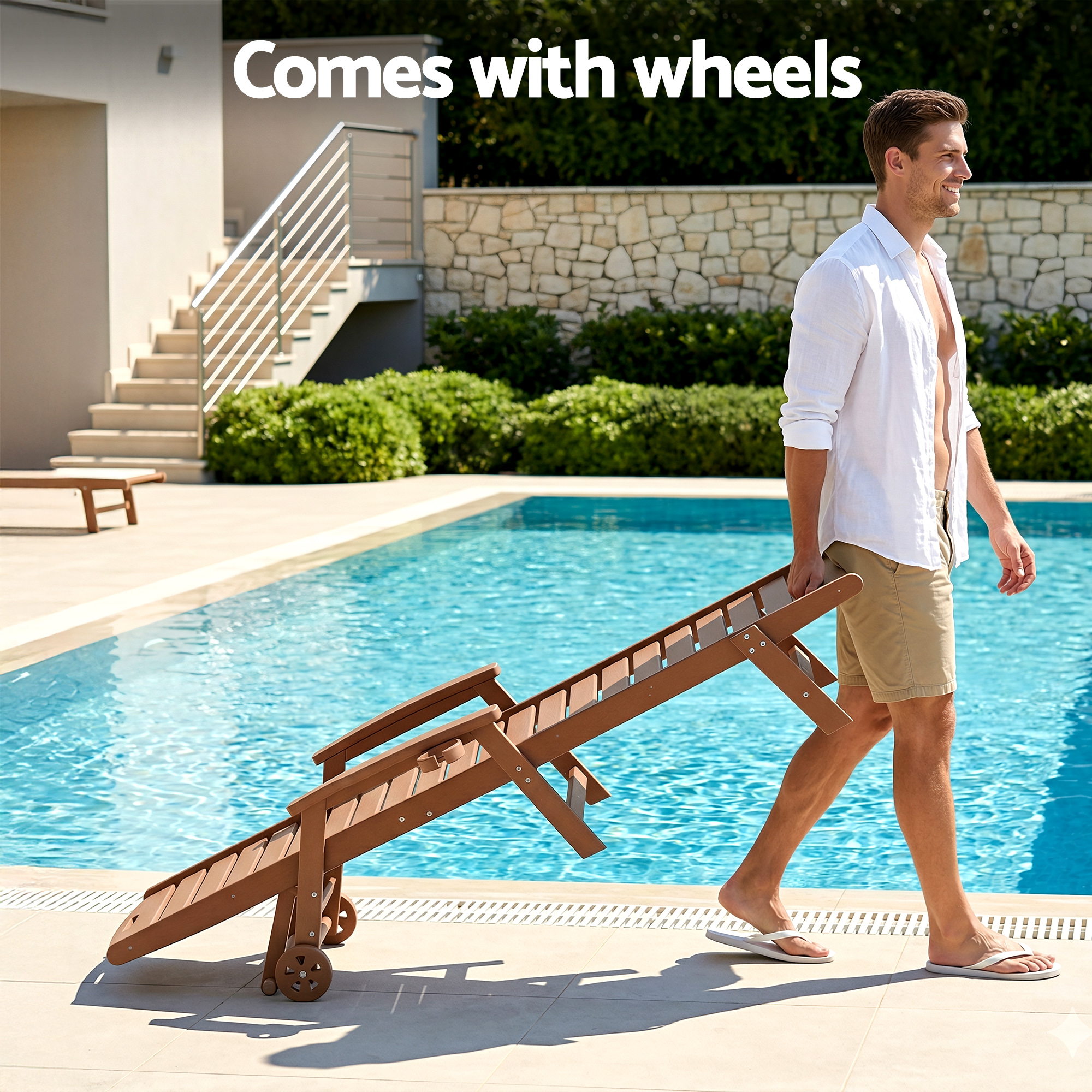 Gardeon Sun Lounge Lounger Beach Chair HDPE Patio Outdoor Furniture with Wheels Brown - Image 7